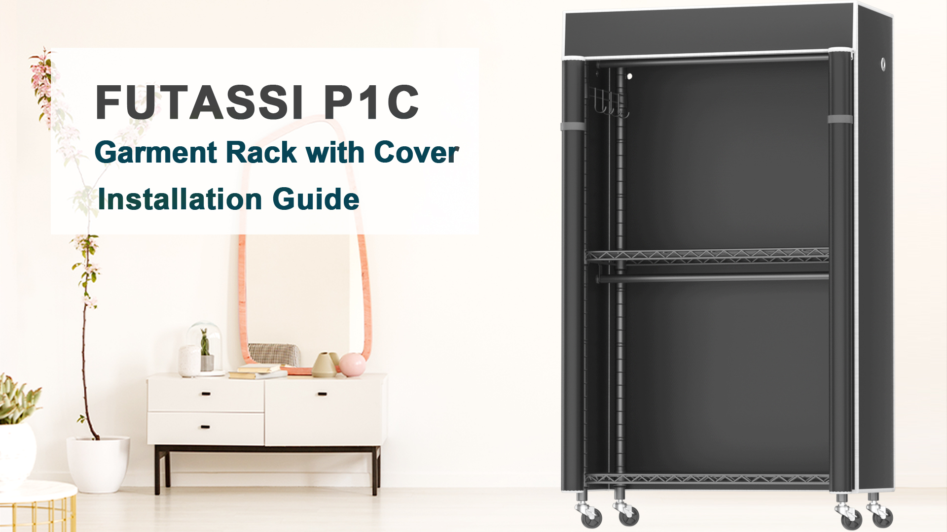 thumbnail video image 2 of FUTASSI Clothes Rack with Cover, Adjustable Shelves, Hooks and Wheels, Hanging Clothes for Bedroom, Laundry Room, 36.2"W x 16.5"D x 80.5"H, Gray, 2 of 7