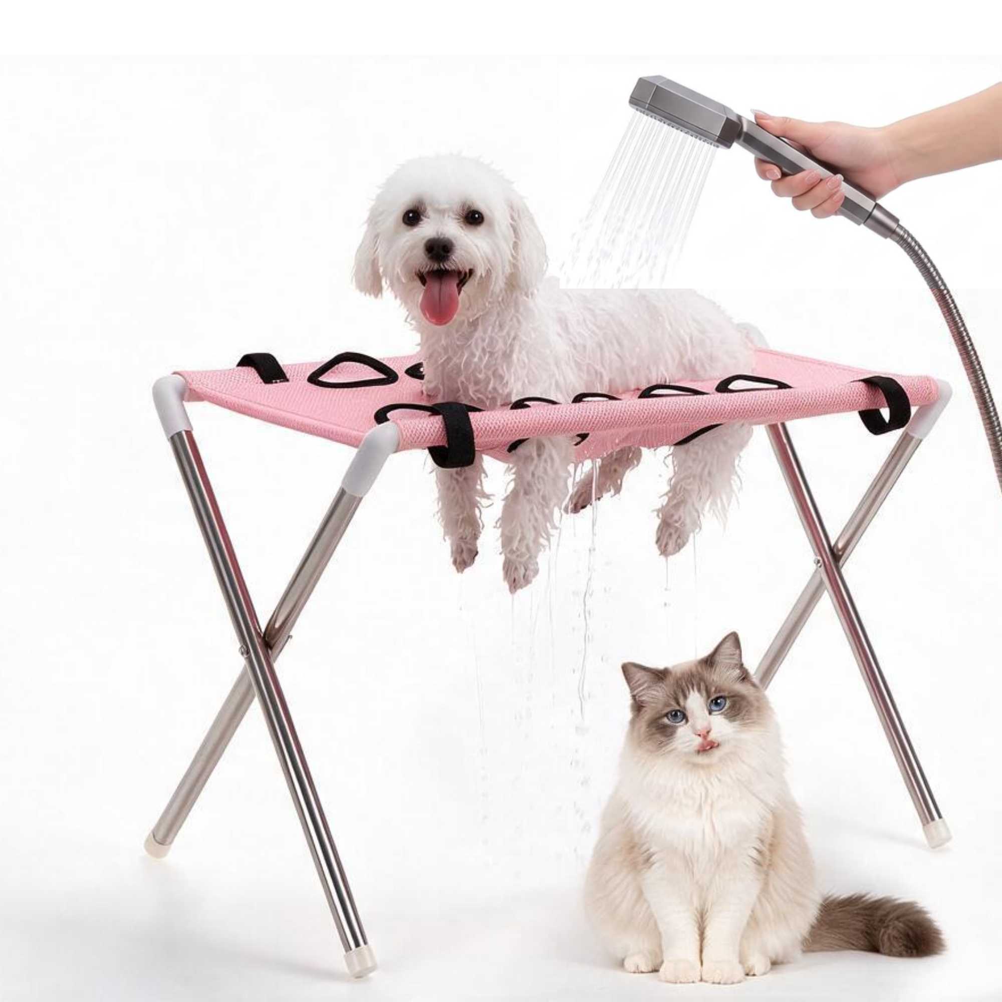 thumbnail video image 2 of OCLUN Pet Grooming Bath Hammock, Elevated Foldable Pet Care Table with Mesh Surface, Detachable Stainless Steel Frame for Small Medium Dogs Cats Indoor Bathing,C, 2 of 7