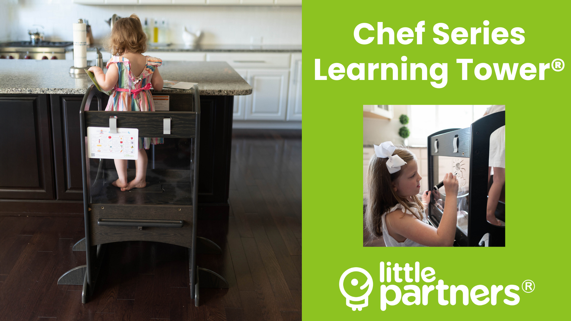 thumbnail video image 2 of Little Partners Chef Series Learning Tower Toddler Tower – Kitchen Stool Adjustable Height Standing Tower Helper, Wooden Frame Counter Step-Up - Premium Charcoal Grey, 2 of 10