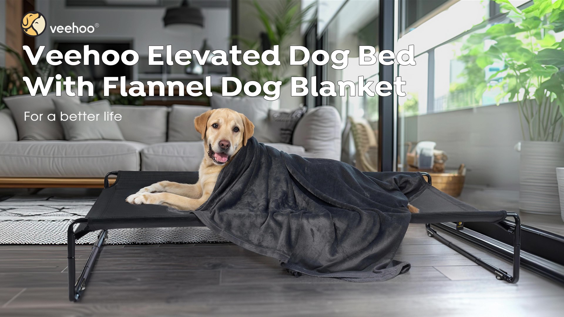 thumbnail video image 2 of Veehoo Elevated Dog Bed with Dog Blanket, Outdoor Guardrail Raised Pet Cot, X-Large, Black, 2 of 9