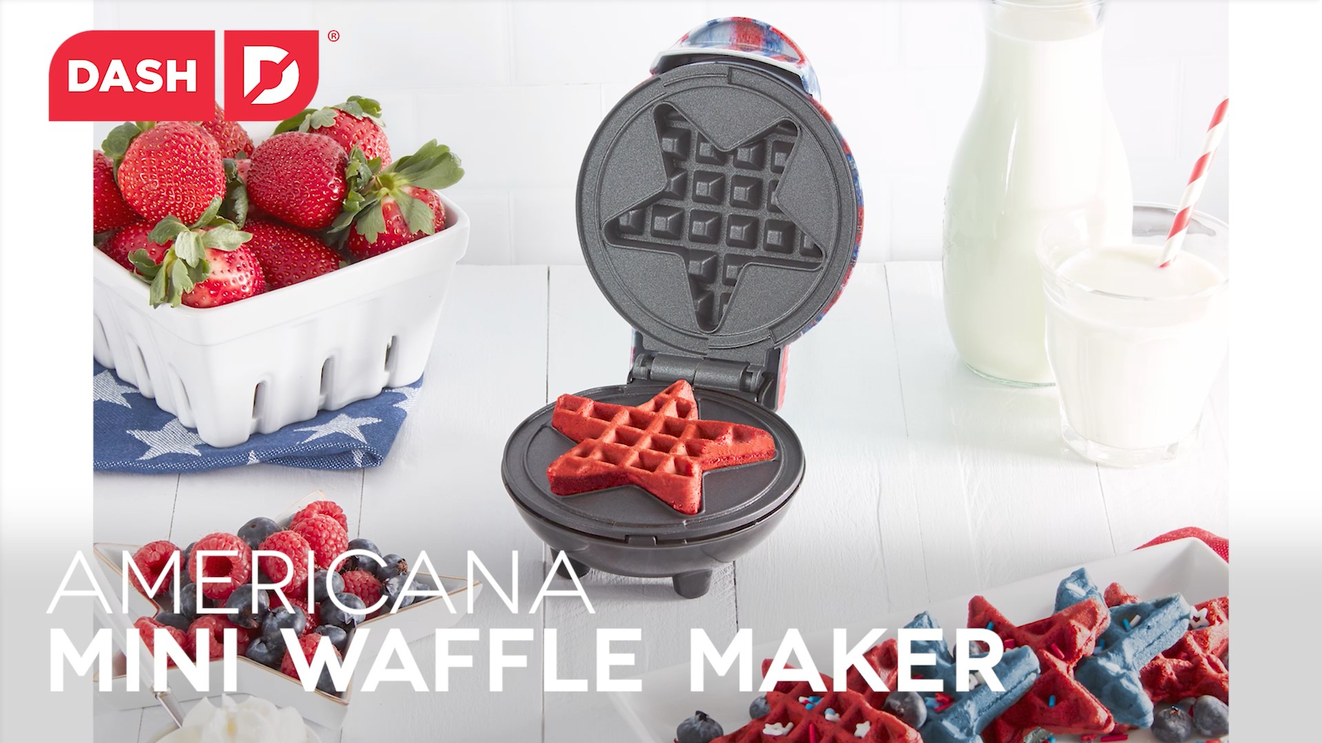 thumbnail video image 2 of Dash&nbsp;Star&nbsp;Mini Waffle Maker, 4 Inch&nbsp;Nonstick,&nbsp;Americana&nbsp;Print, 2 of 6