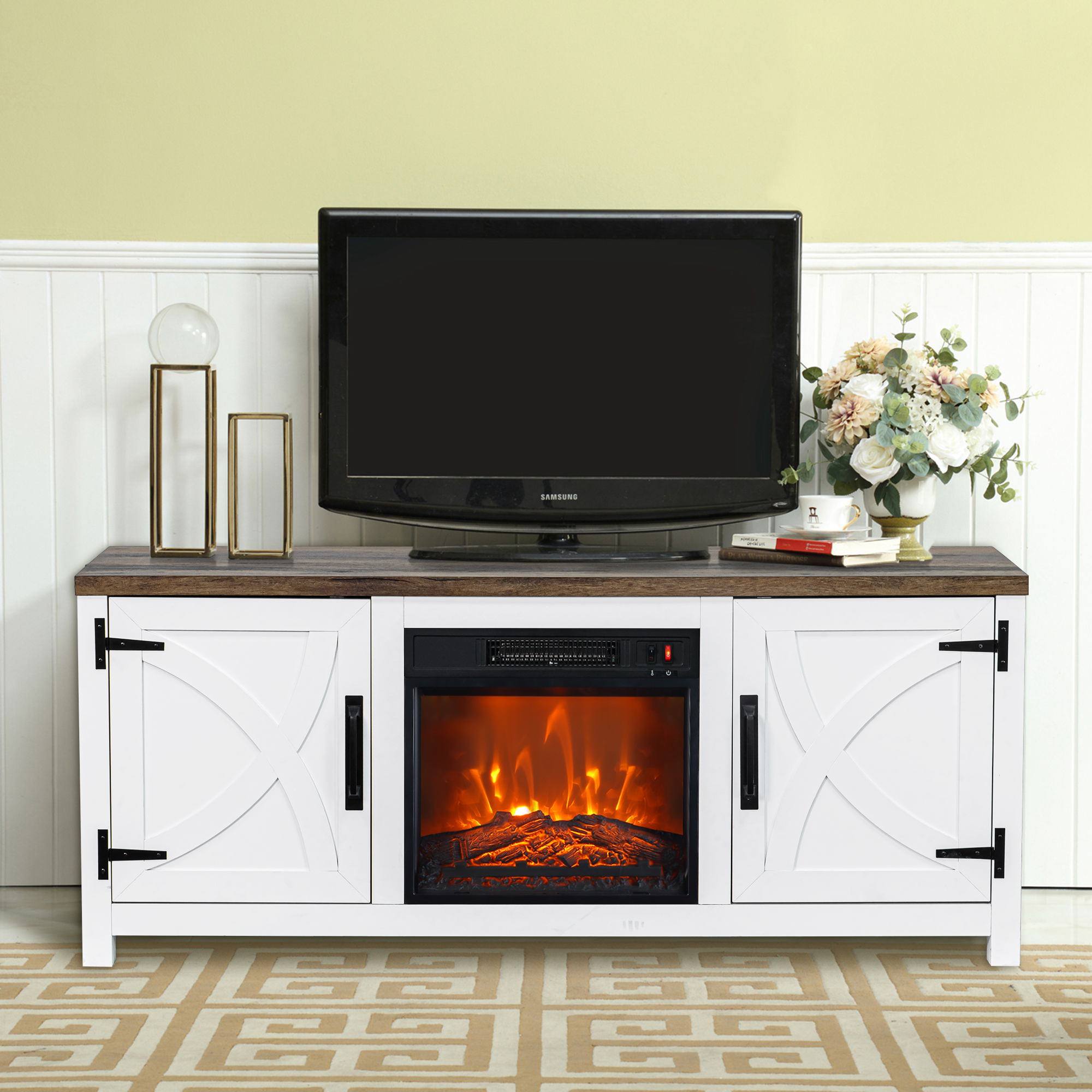 thumbnail video image 2 of IHOMEadore Rustic Electric Fireplace TV Stand up for 65-Inch TVs with Adjustable Shelves and Farmhouse Charm, 2 of 12