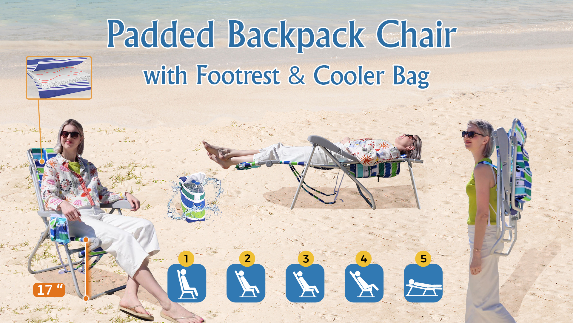 thumbnail video image 2 of Ultimate Heavy Duty Padded Backpack Beach Chair for Adults with Footrest & Cooler Pouch | Lay Flat, 5 Reclining Positions | Removable Insulated Cooler Pouch | 300 lbs Weight Capacity, 2 of 9