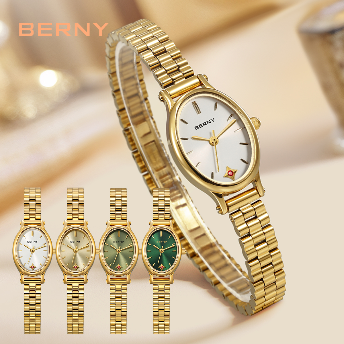 thumbnail video image 2 of BERNY Small Gold Watches for Women, Dainty Luxury Oval Sunray Dial, Stainless Steel Bracelet Watch, Adjustment Tool Included, Waterproof, Fashion Ladies Analog Quartz Wrist Watch Gifts (Green), 2 of 11