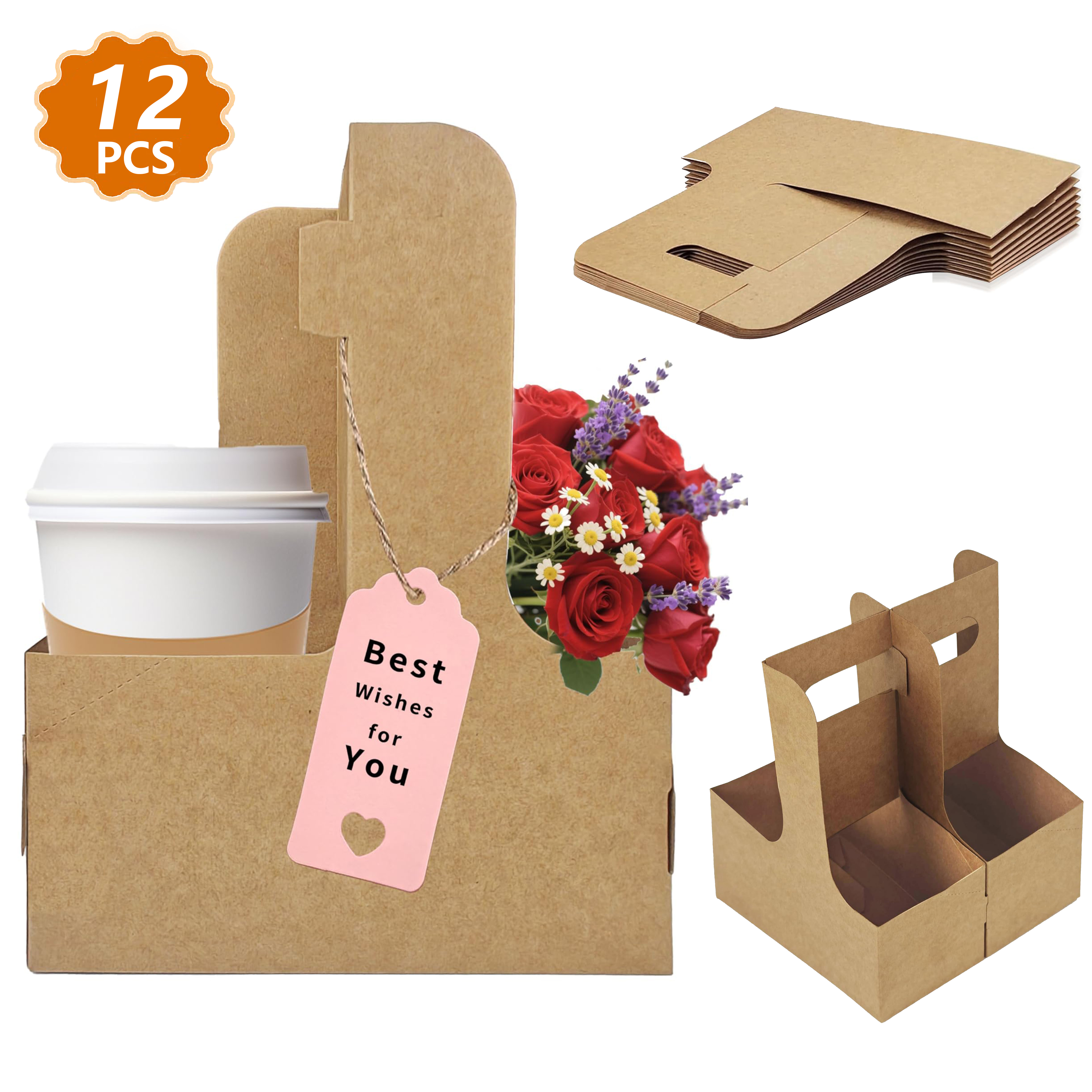 thumbnail video image 2 of Greenpod 4 Cup Drink Carrier,12 Pack Coffee Cup Holders with Handle,Cardboard Cup Holders for Hot or Cold Drinks,Coffee Carrier with Ribbon and Card,Food Delivery Services and Bouquet(Kraft), 2 of 8