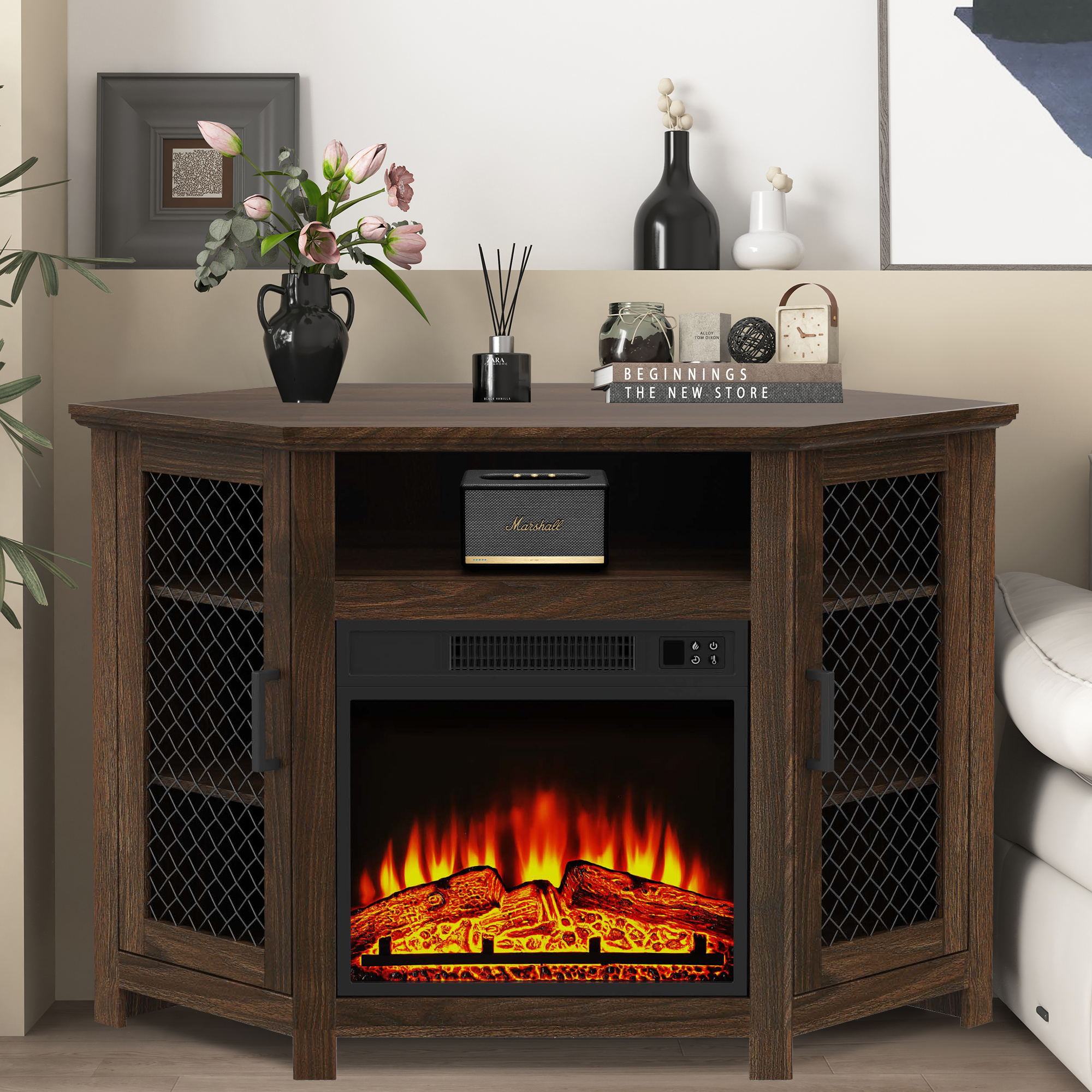 thumbnail video image 2 of Farmhouse 45-Inch Electric Corner Fireplace TV Stand for TVs up to 55", Media Console Table with Adjustable Shelves, Metal Mesh Design, 2 of 12