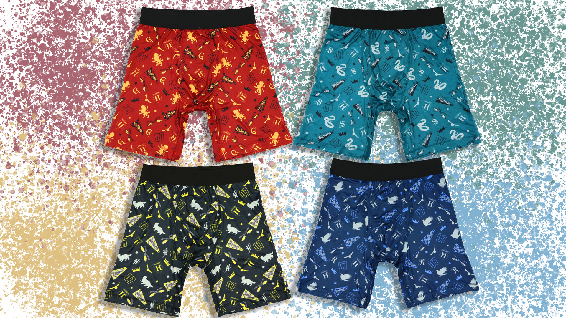 thumbnail video image 2 of Harry Potter Boxers Briefs Men's Hogwarts Houses Underwear - All Houses Gryffindor, Slytherin, Ravenclaw, Hufflepuff, 2 of 6