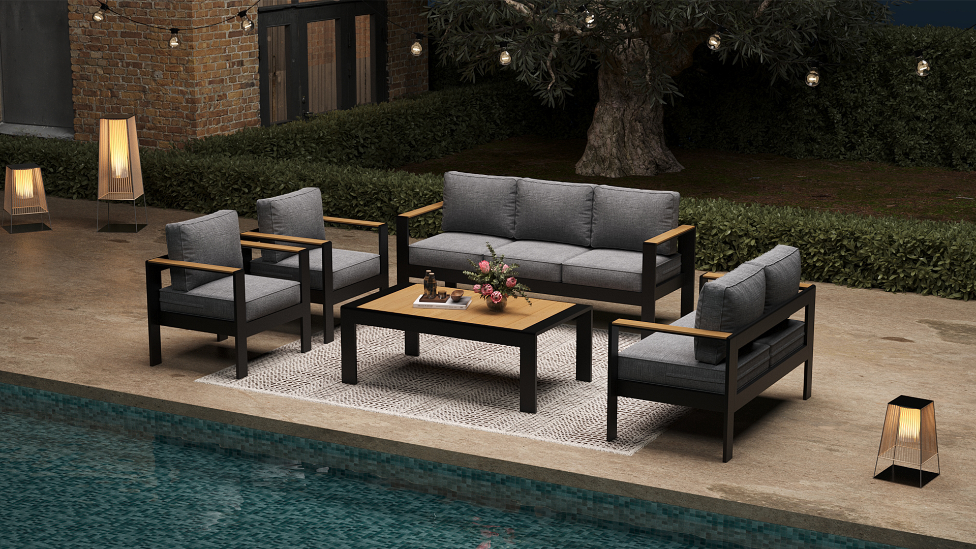 thumbnail video image 2 of LayinSun Outdoor Aluminum Furniture Set with Fire Pit Table, Modern Patio Conversation Sets for Porch, Backyard, 2 of 9