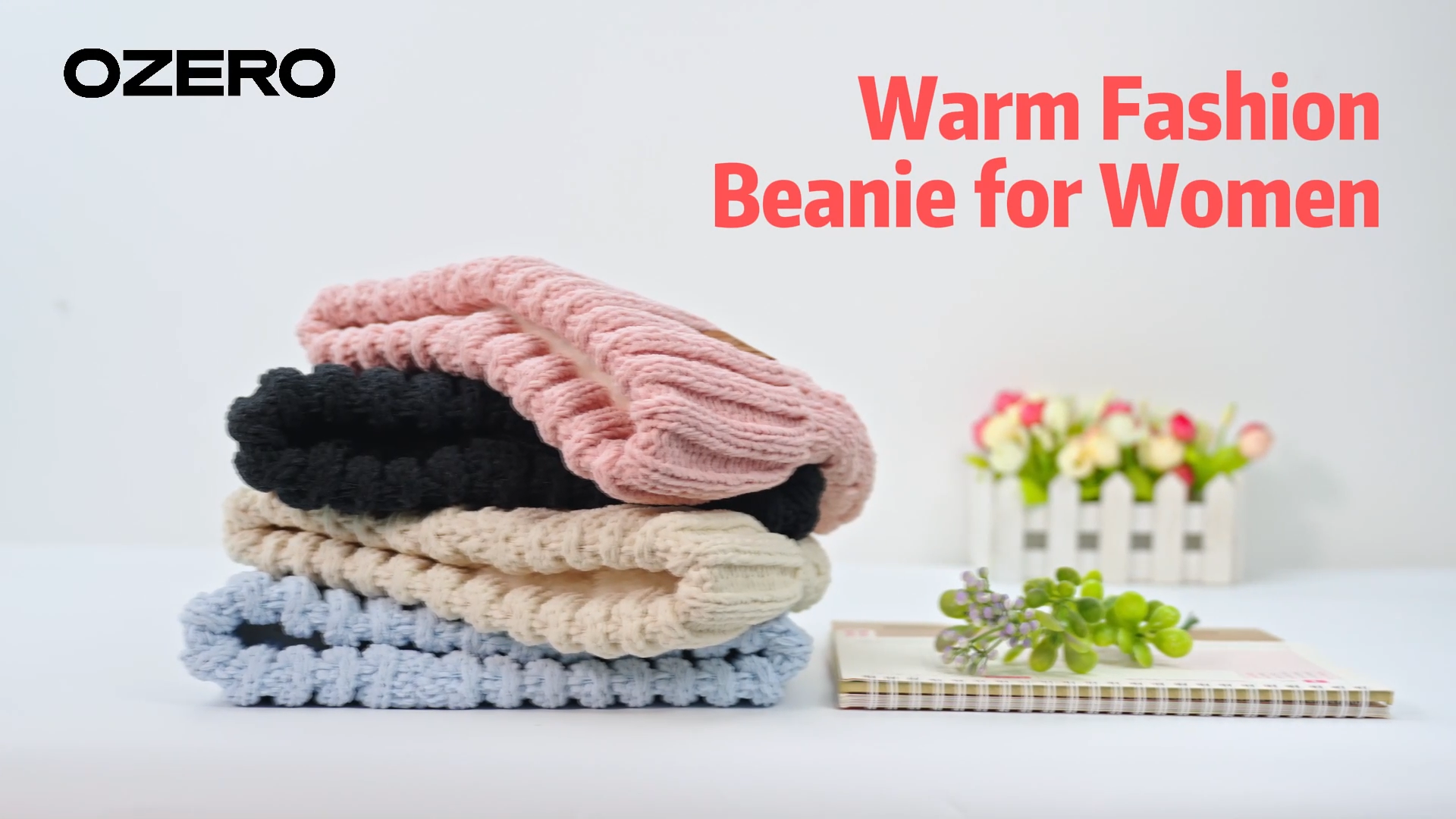 thumbnail video image 2 of OZERO Beanies for Women, Knit Polar Fleece Lined Slouchy Warm Womens Hats Winter, 2 of 9