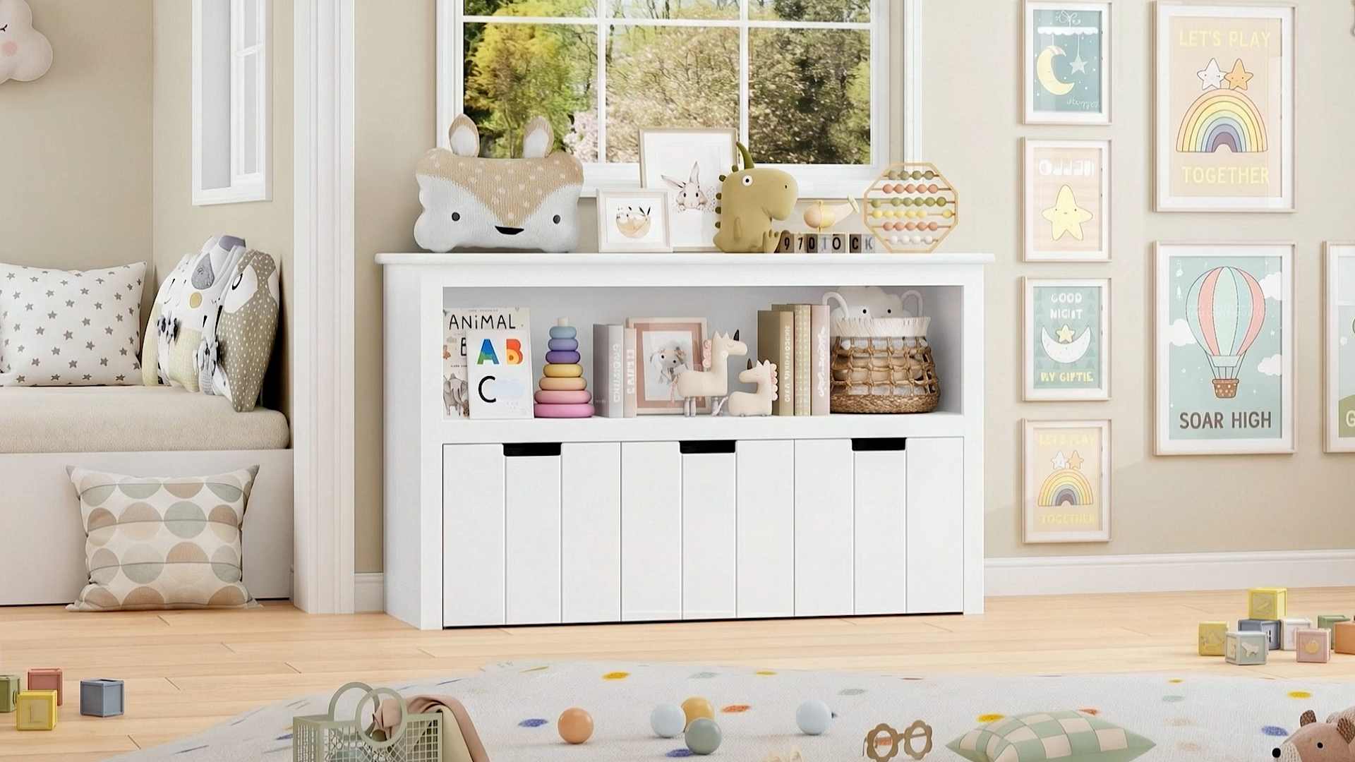 thumbnail video image 2 of Homfa Kids Toy Storage, Cubes Storage Bins with 3 Drawers, White Toy Box with Shelves and Wheels, 2 of 9