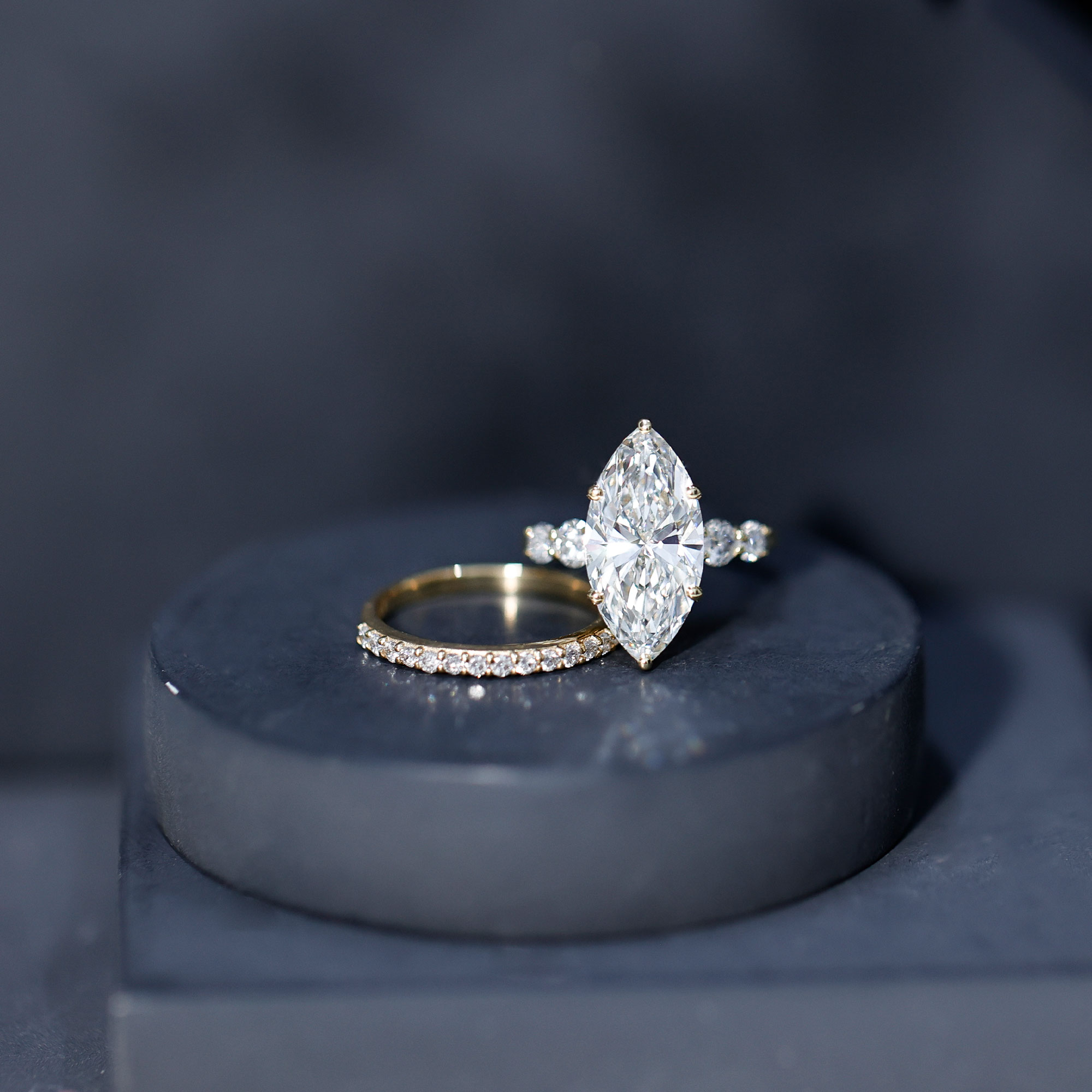 thumbnail video image 2 of Rosec Jewels Lab Grown Diamond 3 Carat Engagement Ring with Wedding Band - IGI Certified Marquise Ring Set - E-VS1 Quality, 10K Yellow Gold, US 5.00, 2 of 9