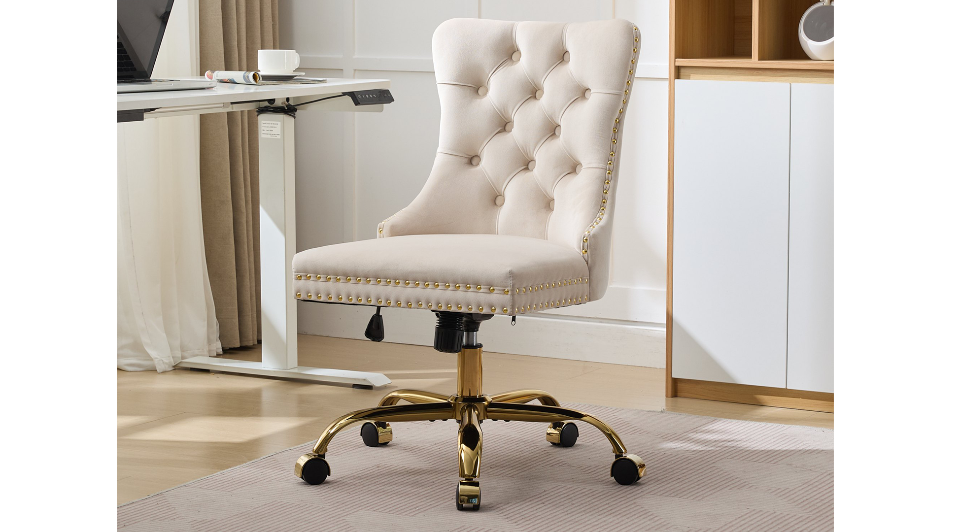 thumbnail video image 2 of PAPROOS Vanity Chair, Swivel Home Office Chair, Ergonomic Home Desk Chair with Golden Metal Base, Adjustable Height, Velvet Upholstered Tufted Button Task Chair, Beige, 2 of 11