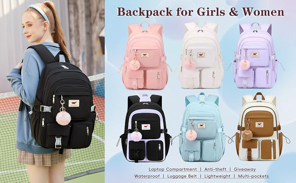 thumbnail video image 2 of AO ALI VICTORY Laptop Backpack 15.6-inch Children's Student Bookbag Travel Backpack Teenage Girls Female Students (White), 2 of 7