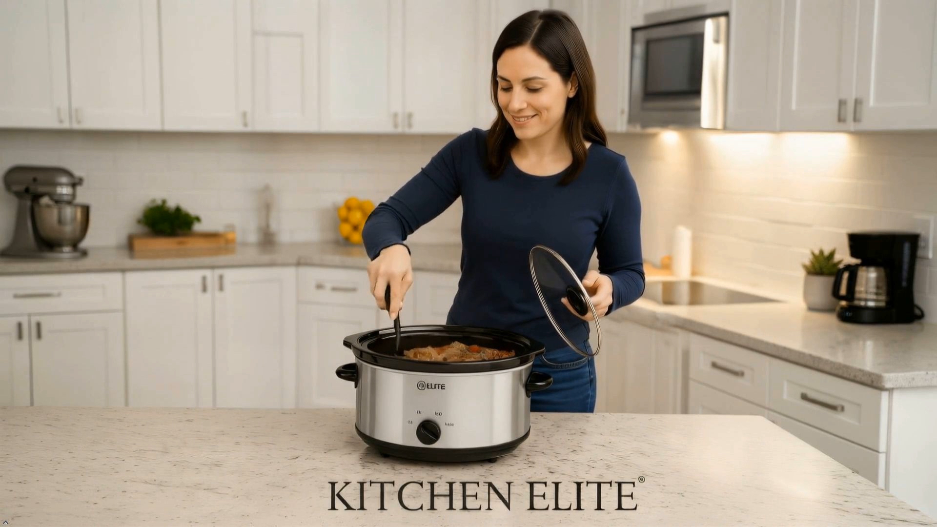 thumbnail video image 2 of Kitchen Elite 6 Qt Slow Cooker, Stainless Steel Ceramic Crock Pot and Tempered Glass Lid, 2 of 4