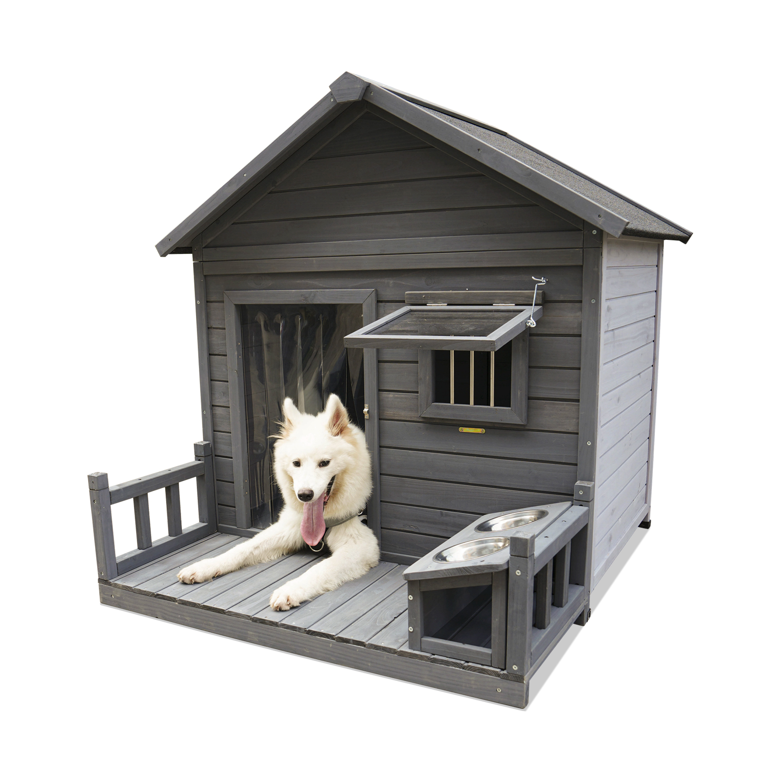thumbnail video image 2 of Pefilos 44" Outdoor Dog House, Waterproof Puppy Shelter Indoor Doghouse with Elevated Floor, Kennel for Small Medium Dogs with Porch, Gray, 2 of 9
