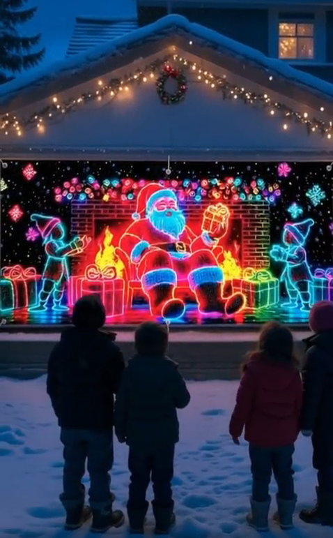 thumbnail video image 2 of 16x7FT UV Activated Christmas Santa Garage Door Cover Banner, Glows in Dark 2D Flat Holiday Garage Door Covers with Cartoon Santa and Elf, Xmas Outdoor Indoor Party Decoration, 2 of 8