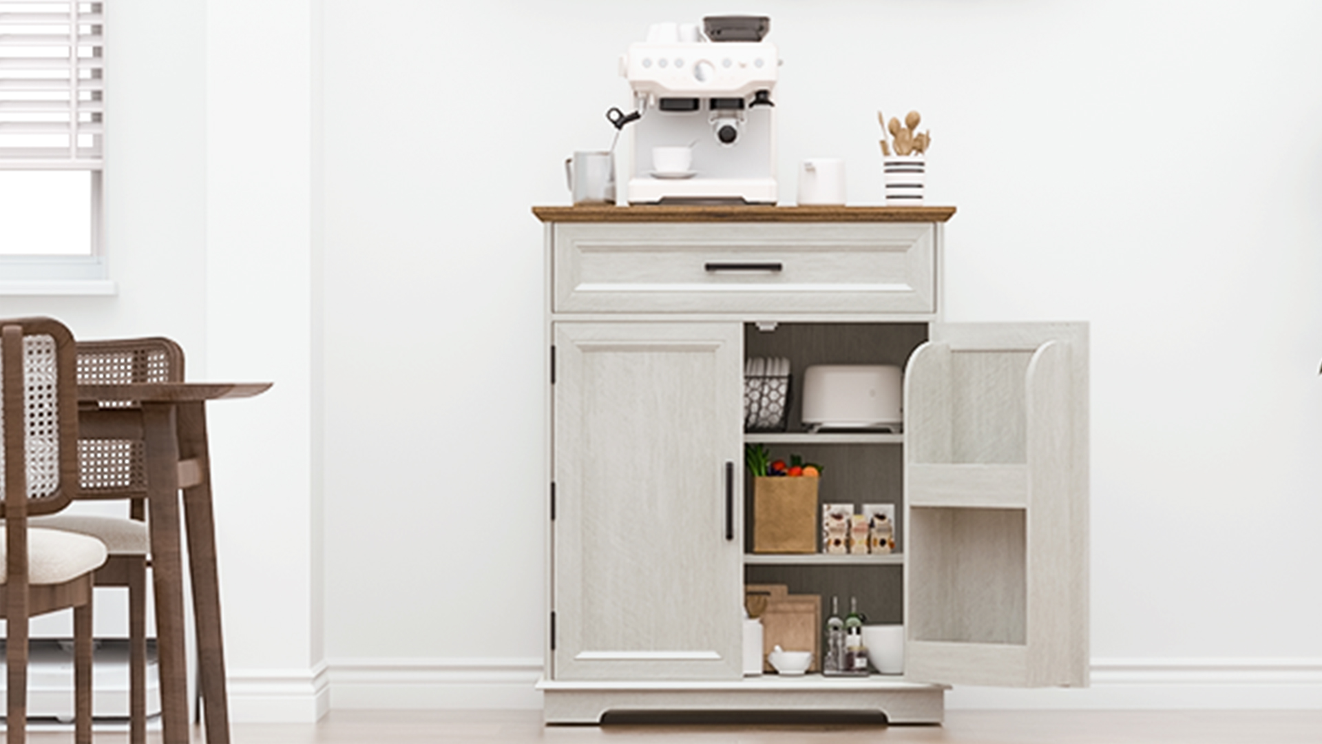 thumbnail video image 2 of FAGAGA Modern Coffee Bar Cabinet with Storage, 36" Kitchen Buffet Cabinet with Storage Door, Farmhouse Wood Sideboard with Drawer for Kitchen, Dining Room, Reception Room | White, 2 of 9