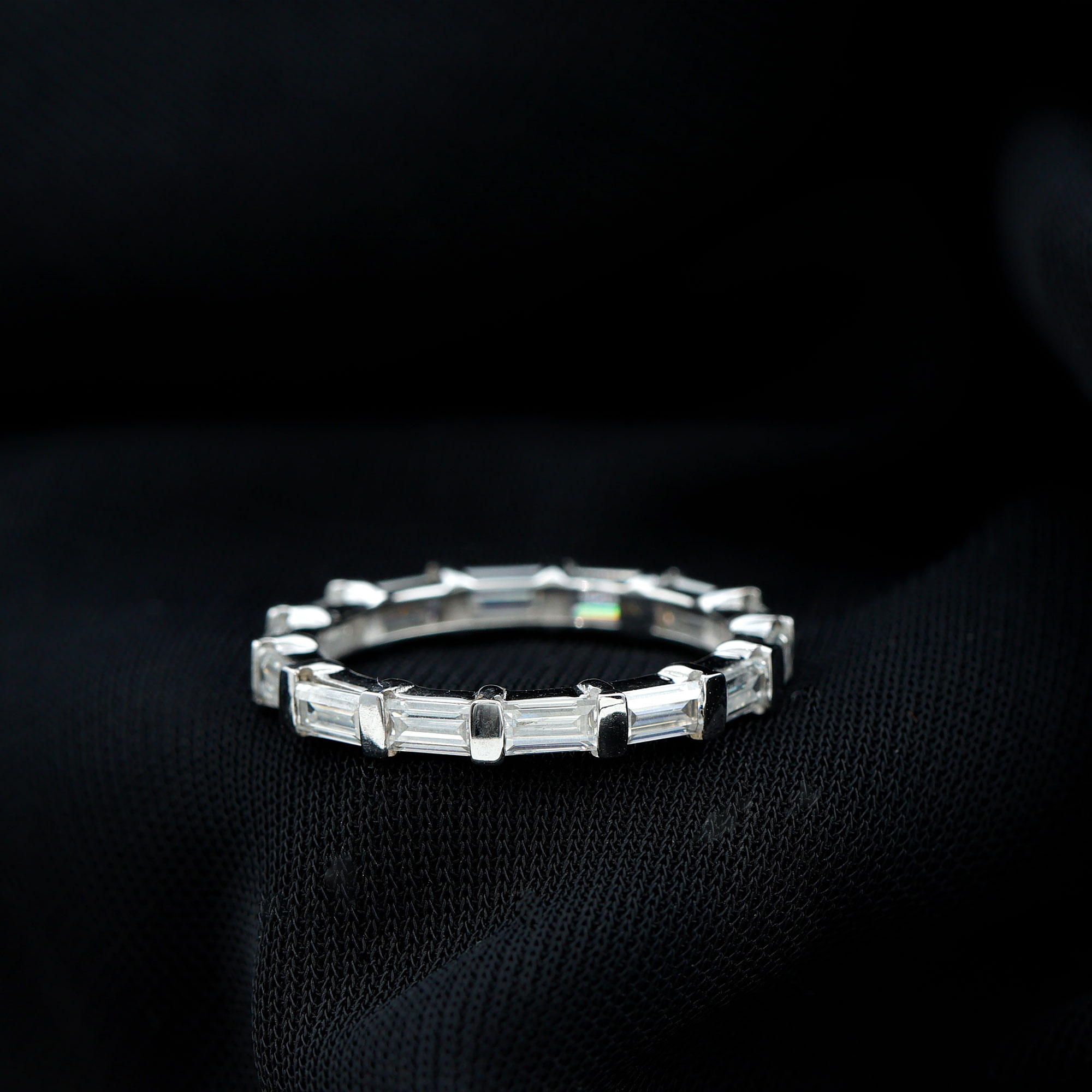 thumbnail video image 2 of Rosec Jewels Baguette Moissanite Full Eternity Stackable Ring for Women, East West Style Ring, 10K White Gold, US 11.50, 2 of 8
