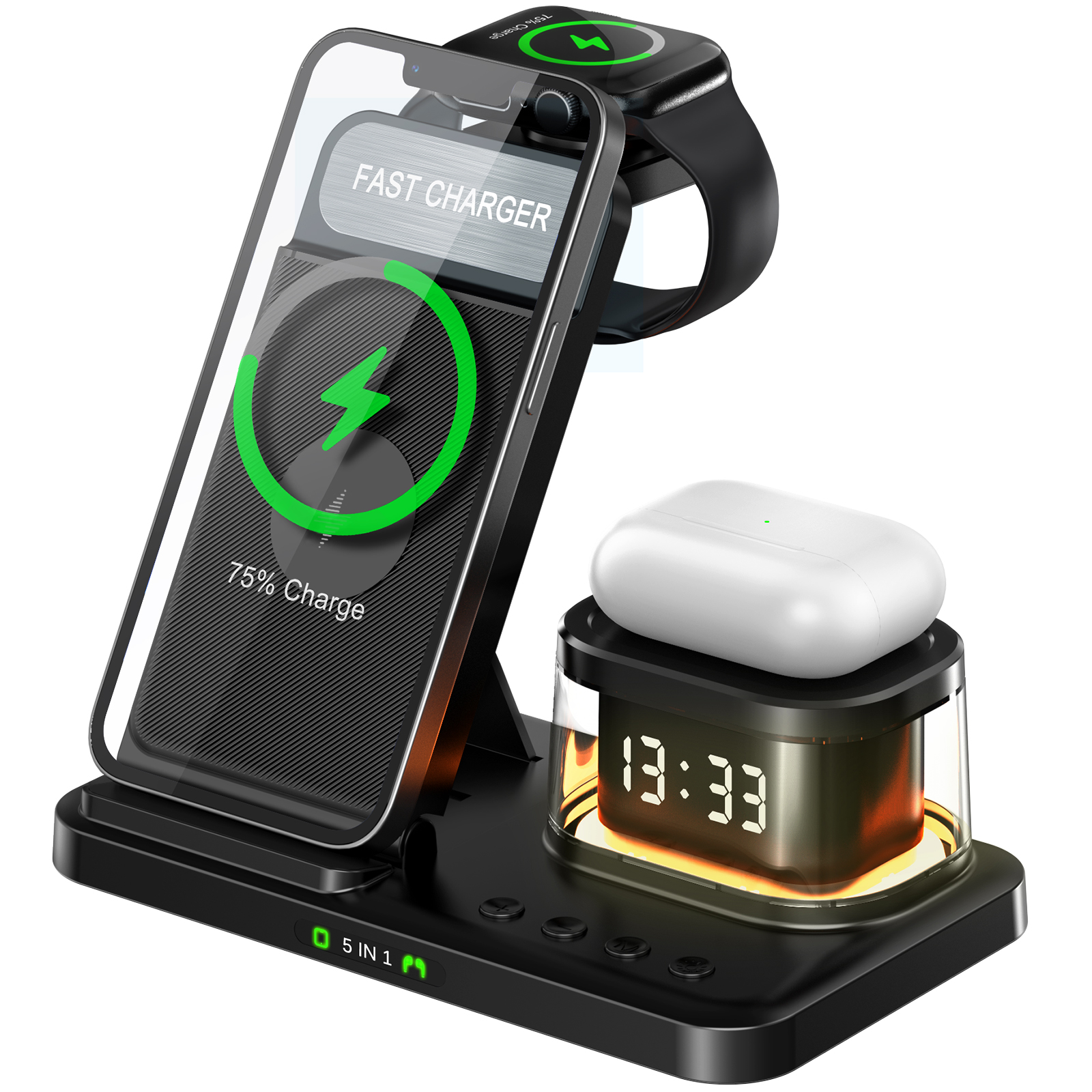 thumbnail video image 2 of 5 in 1 Wireless Charging Station for iPhone/Apple Watch/Airpods, Fast Charger Station for Apple Devices with Clock, Bedside Lamp and Adapter Black, 2 of 8