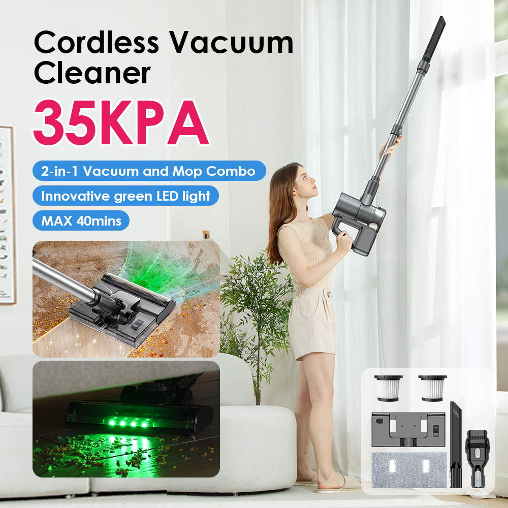 thumbnail video image 2 of Cordless Vacuum Cleaner, 2-in-1 Cordless Vacuum and Mop Combo, 35Kpa/40Mins, Lightweight and Versatile Stick Vacuum, Deep Cleans, Washes, Green LED, All in One, 2 of 10