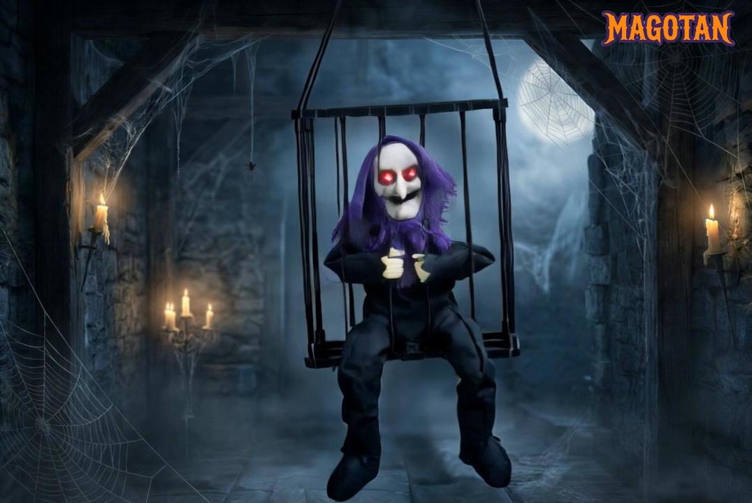 thumbnail video image 2 of Magotan Screaming Animated Halloween Decorations, Outdoor Indoor Hanging Spooky Halloween Decoration, Scary Pumpkin Ghost Cage with Motion Sensor, 2 of 9