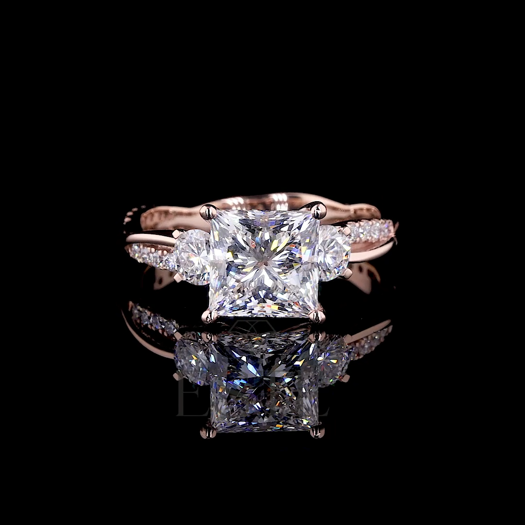 thumbnail video image 2 of ESTE ORIGIN 2.00Ct Lab-Grown Princess Cut Diamond Three-Stone Ring – IGI Certified, Pavé Band in 18K Rose Gold for Women, 2 of 5