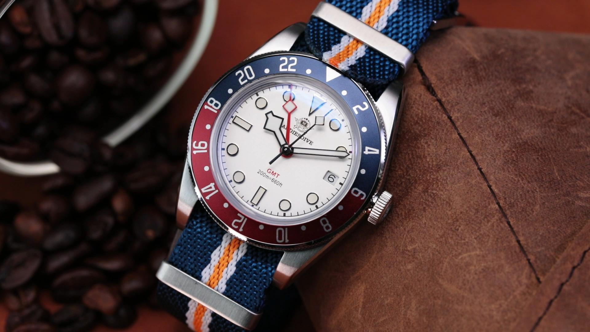 thumbnail video image 2 of ADDIESDIVE Swiss GMT Dual Time Quartz Watch for Men, 200M Waterproof, Lightweight with Nylon Strap & Luminous Dial, 2 of 10