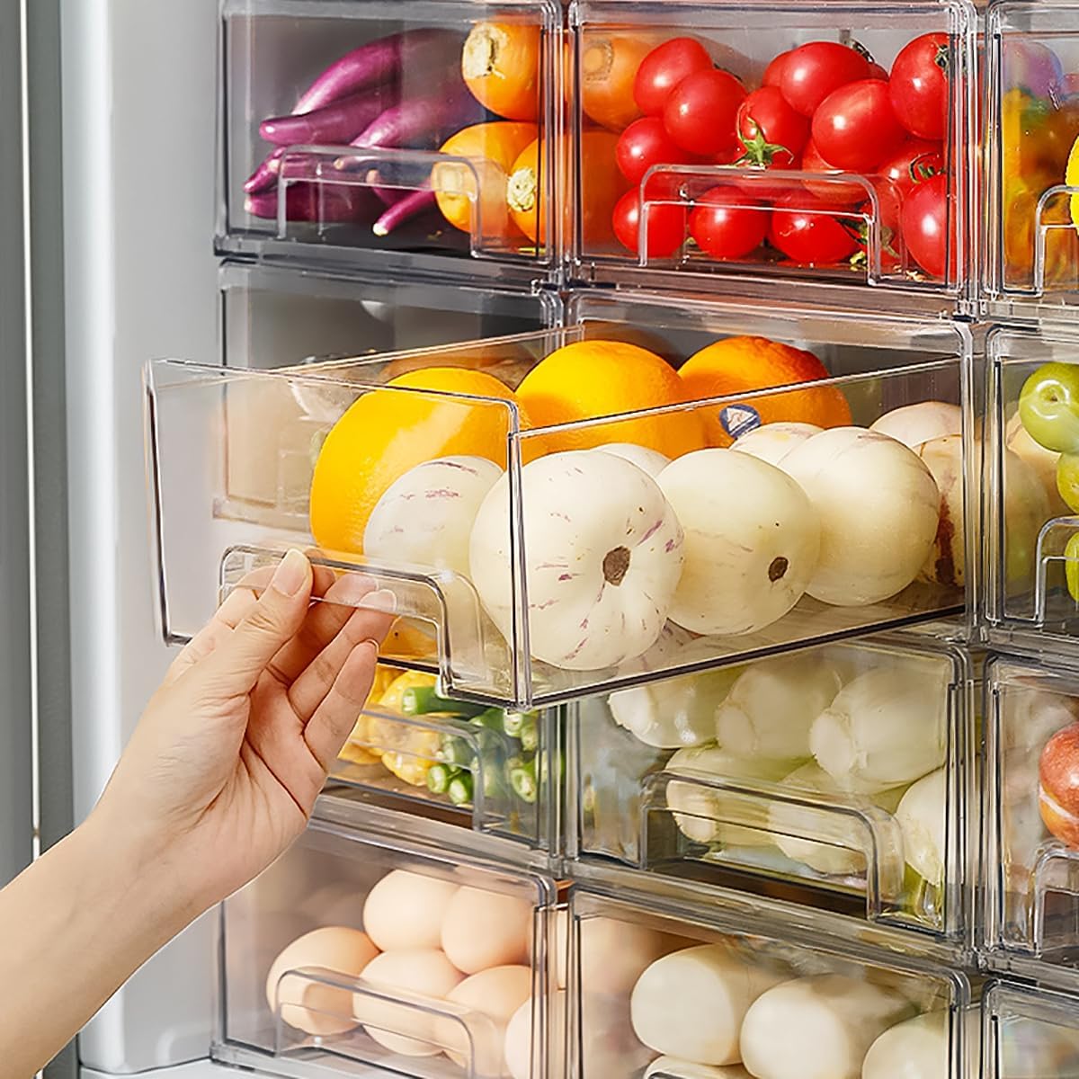 thumbnail video image 2 of 2Pack Clear Fridge Drawers Pull Out Stackable Refrigerator Drawer Organizer Bins Pantry Storage Box Plastic Food Containers for Kitchen Bathroom Office Closet, 2 of 8