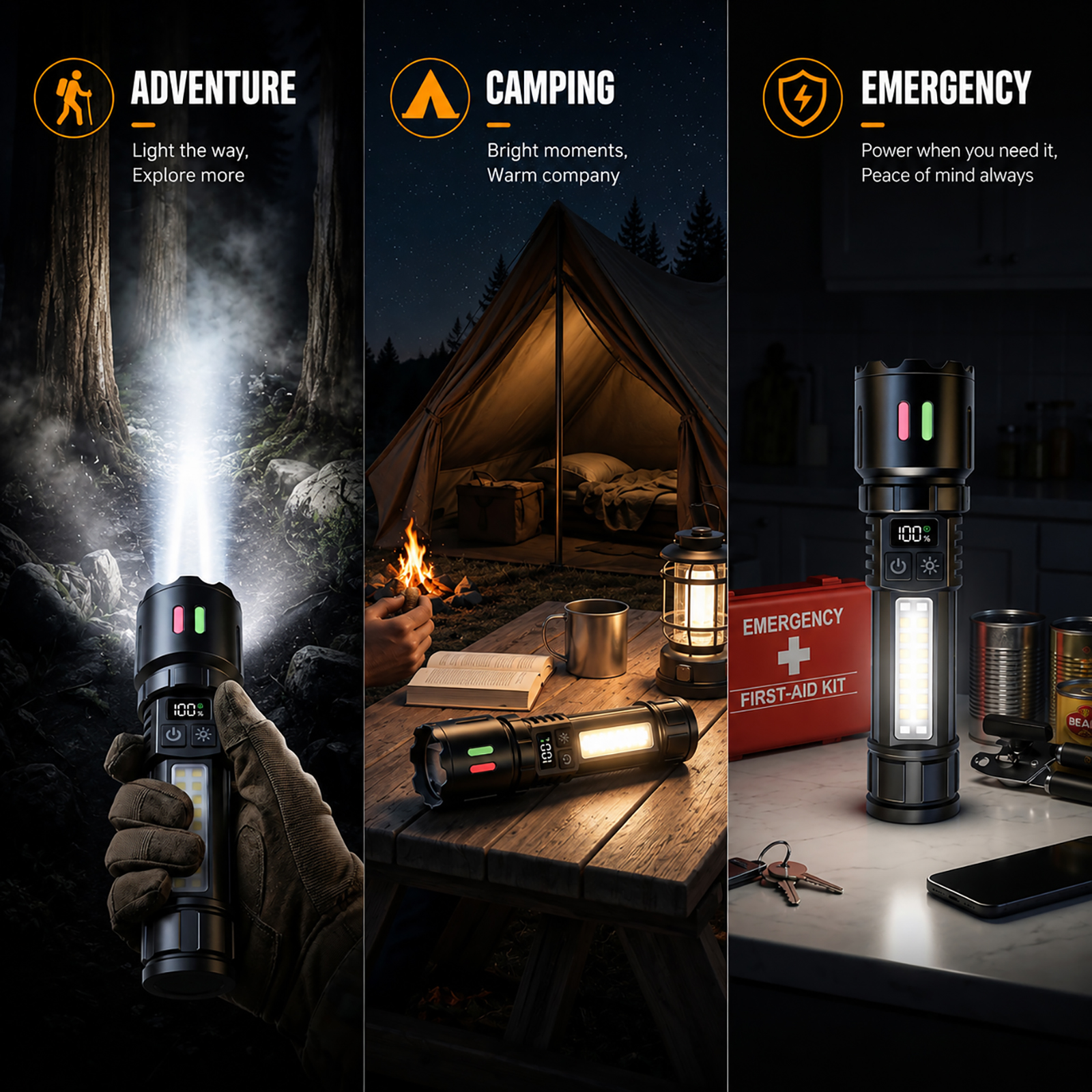 thumbnail video image 2 of Rechargeable Flashlight with COB Work Light,  High Lumen LED Flashlight with Digital Power Display, Dual Switch, IPX6 Waterproof, 3000mAh Battery & Bonus Mini UV Flashlight, 2 of 15
