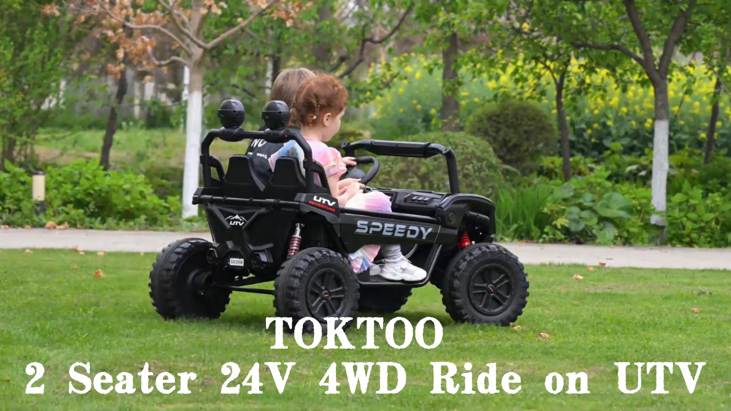 thumbnail video image 2 of TOKTOO 24V Ride on UTV, 2 Seater Battery Powered Ride on Toy, 4 Powerful Wheels, 5.1Mph, Kids Electric Vehicle for Boys Girls with Rainbow LED Lights, Pink, 2 of 11