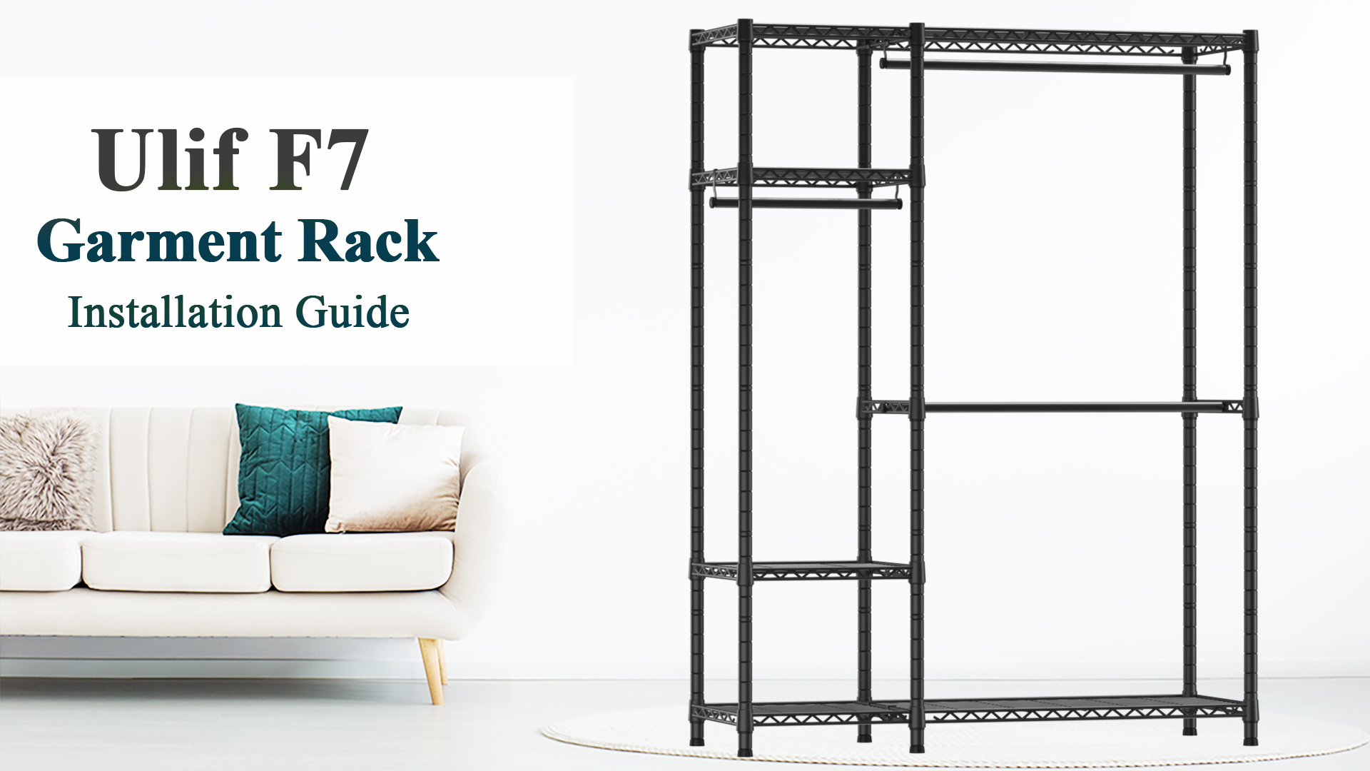 thumbnail video image 2 of Ulif F7 Plus Garment Rack, Heavy Duty Clothes Rack, Clothing Racks for Hanging Clothes, 6-Tiers Freestanding Portable Closet Storage Rack 68'' W × 14.6'' D × 76.6'' H, Max Load 850 Lbs, Black, 2 of 8