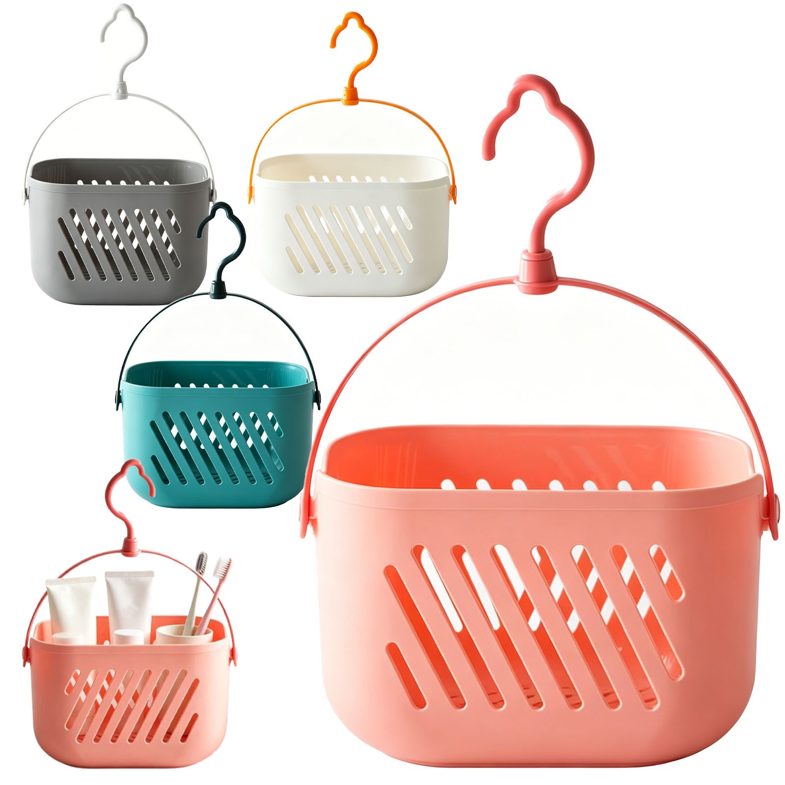 thumbnail video image 2 of CoreLiving Hanging Shower Caddy Basket, Plastic Bath Toy Storage Organizer with Hook, Water-Resistant Hanging Basket for Shower, Bathroom, Kitchen, Pantry, College Dorm Room Essentials, 2 of 8