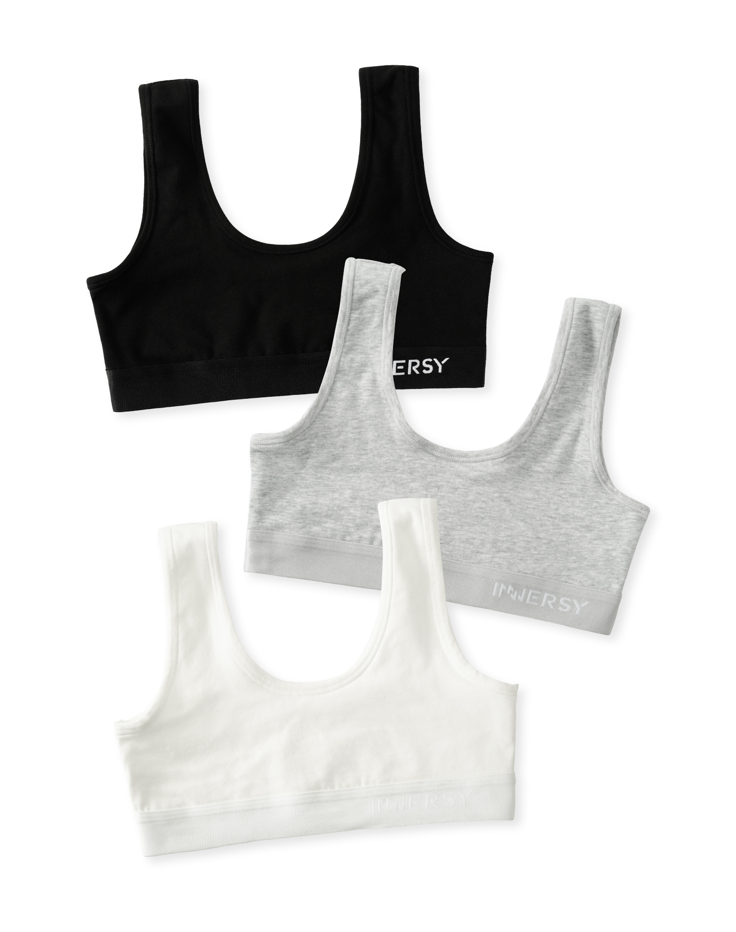 thumbnail video image 2 of INNERSY Girls Wireless Bras Comfortable Cotton Little Girls Training Bras 3 Pack(XL,Solid Black/Grey/White), 2 of 10