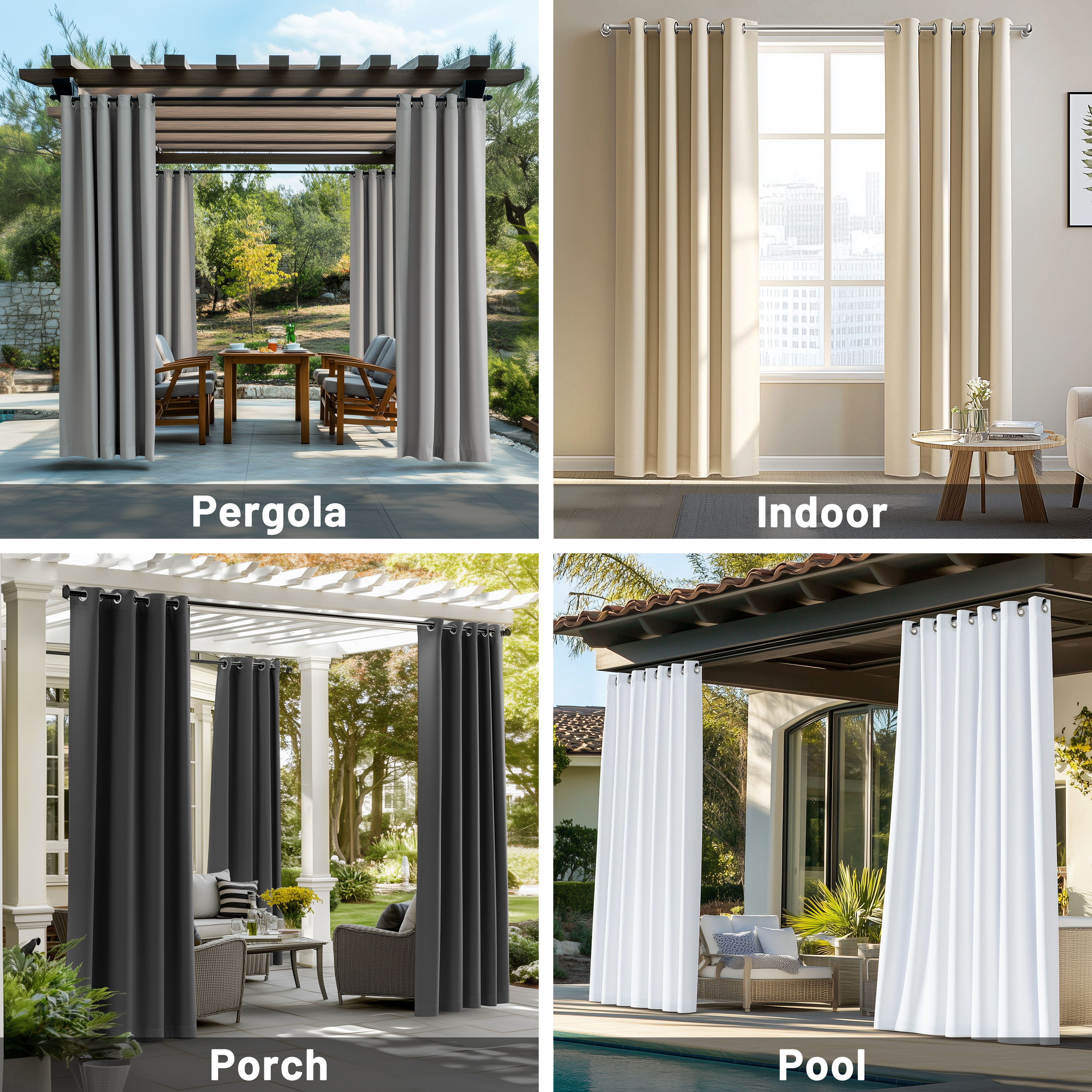 thumbnail video image 2 of ColourTree Outdoor Curtains for Patio, Waterproof Outside Curtains Premium Weatherproof Privacy Curtains for Porch Pergola Deck Backyard, 54W x 100L inch, Light Grey, 2 Panels, 2 of 9