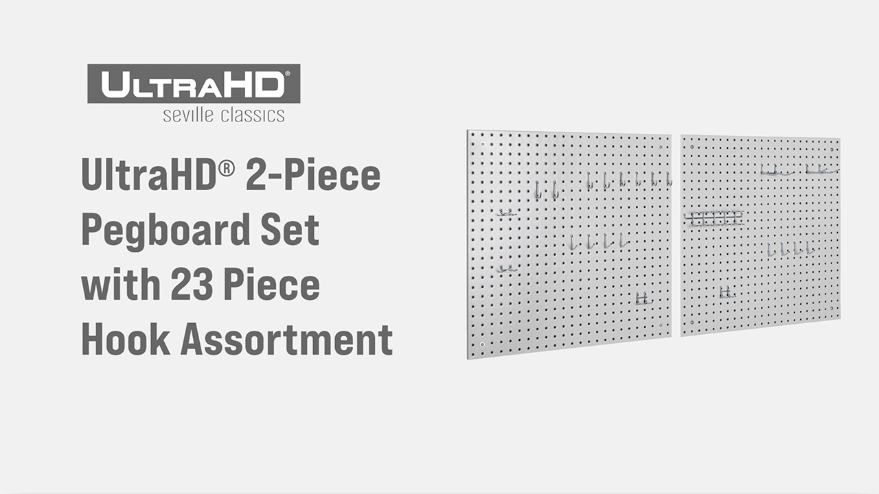 thumbnail video image 2 of Seville Classics UltraHD® 2-Piece Pegboard Set w/ 23 Piece Hook Assortment, 24" W x 24" D, White, 2 of 5