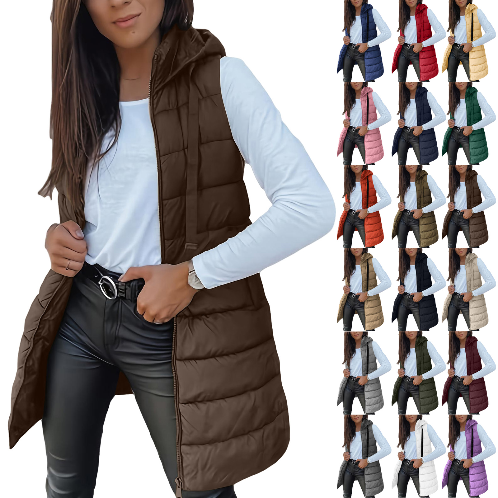thumbnail video image 2 of Otntypg Long Puffer Vest Women Quilted Hooded Button Down Zip Up Sleeveless Vests Outerwear Padded Jacket Fall Winter Thermal Coat with Pockets Brown XXL, 2 of 11