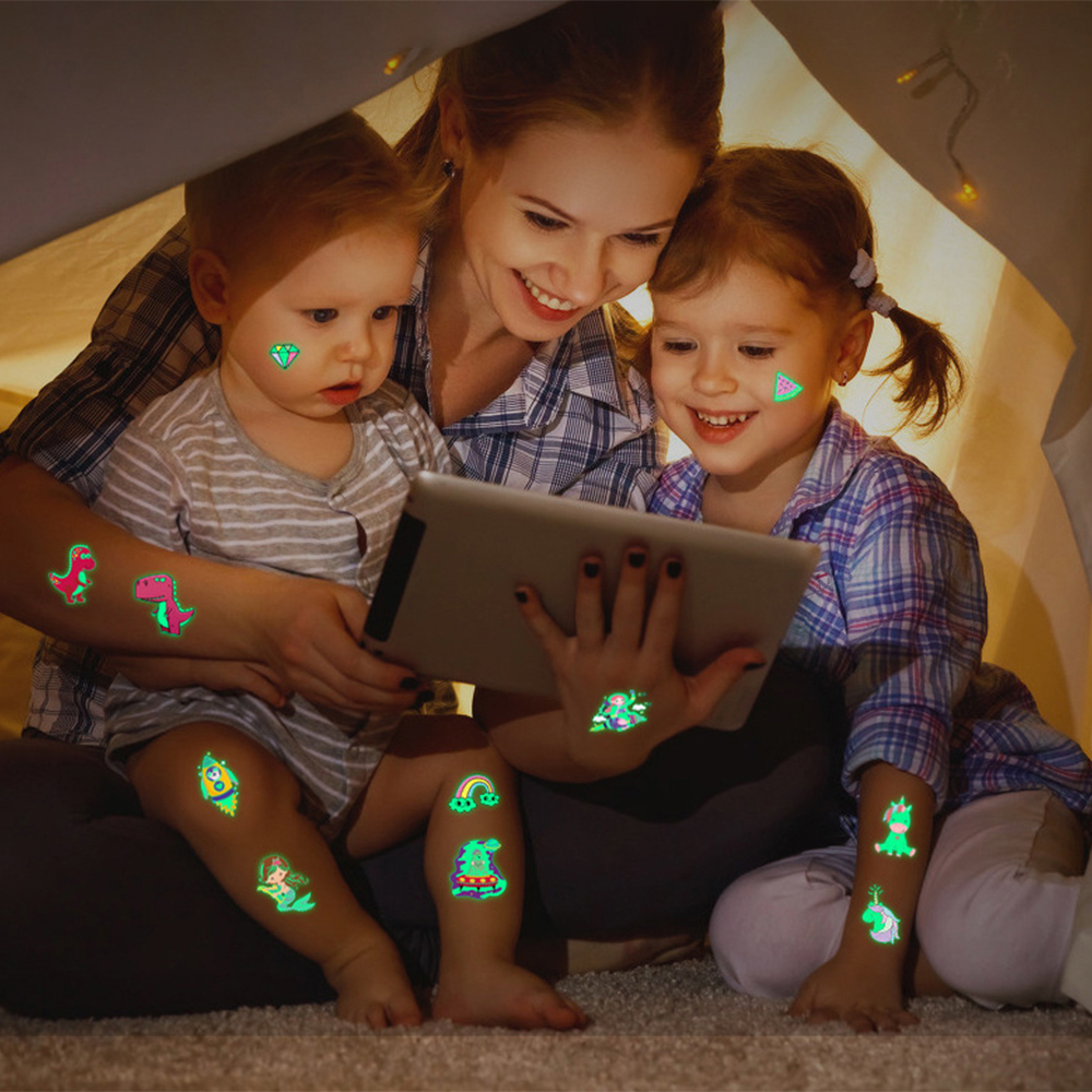 thumbnail video image 2 of Luminous Tattoos For Kids, Dinosaur Temporary Tattoo Stickers, Glow In The Dark Tattoos for Boys and Girls, Dinosaur Fake Tattoos More Party Makeup Gifts 5 Sheets, 2 of 8