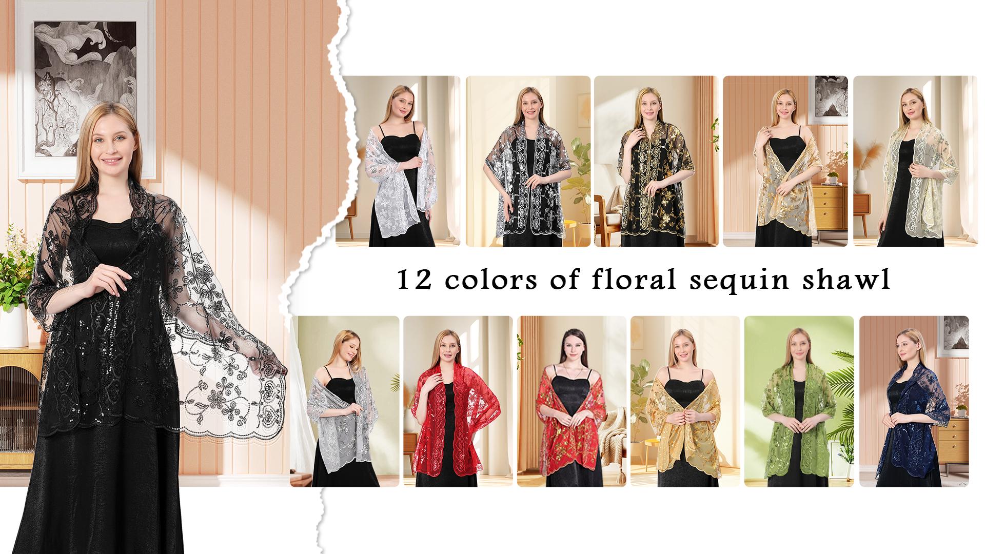 thumbnail video image 2 of Ladiery Sequin Floral Shawls and Wraps for Evening Dresses,Women sparkly Sheer Mesh Wedding Shawls for Evening Party, 2 of 7