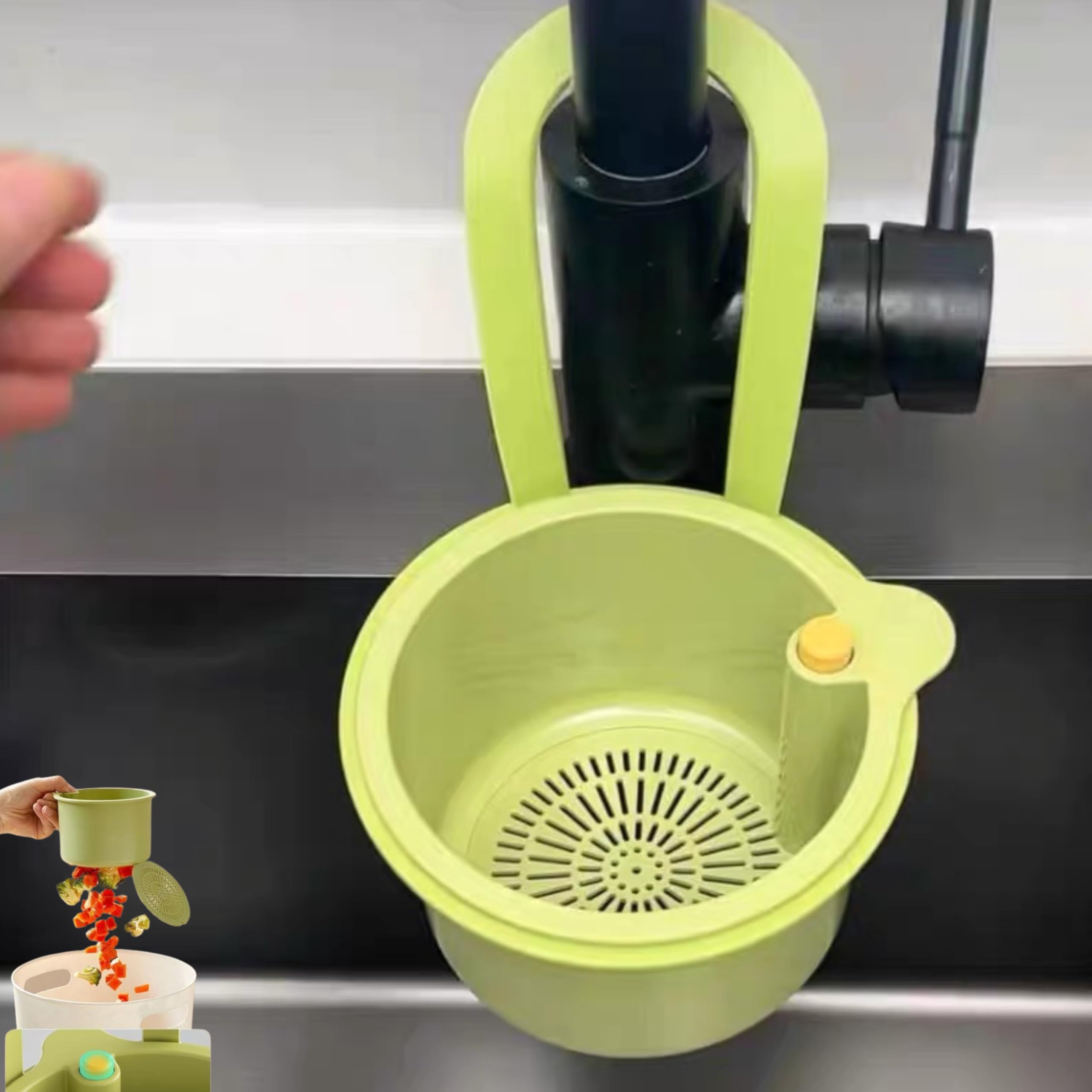 thumbnail video image 2 of Sink Strainer Basket,Faucet Hanging Strainer,Hanging Kitchen Sink Strainer Basket,Sink Food Catcher with Press Dumping,Food Fruit Vegetable Drain Shelf Sink Storage Holder, 2 of 12