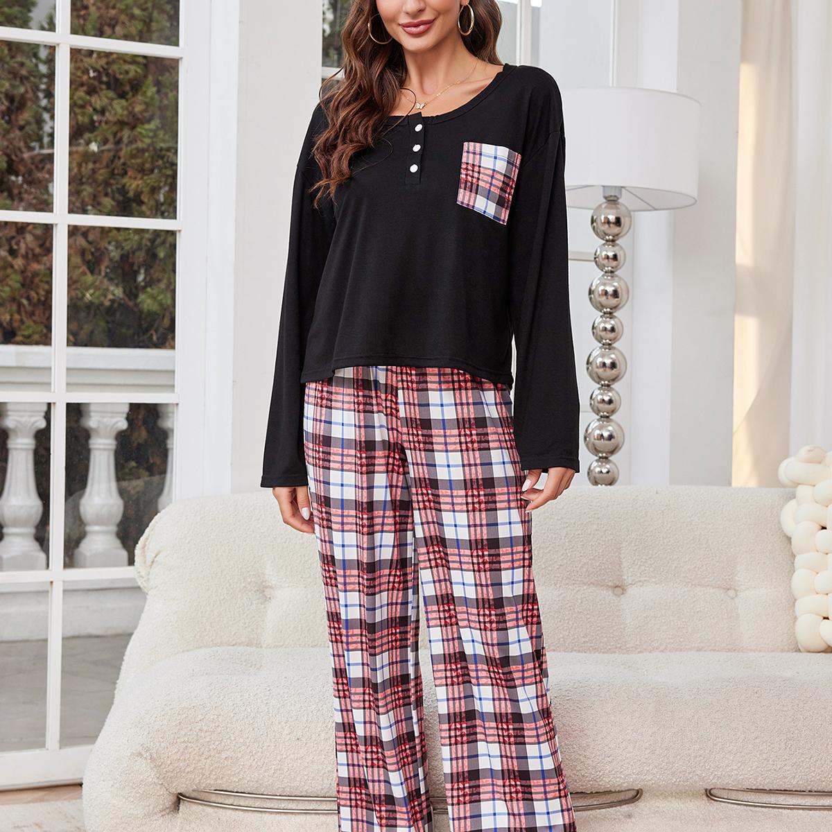 thumbnail video image 2 of ebukurty Black Pajama Sets for Women 2 Piece Long Sleeve Round Neck Soft Plaid Lounge Sets, Sizes S-XL, 2 of 7