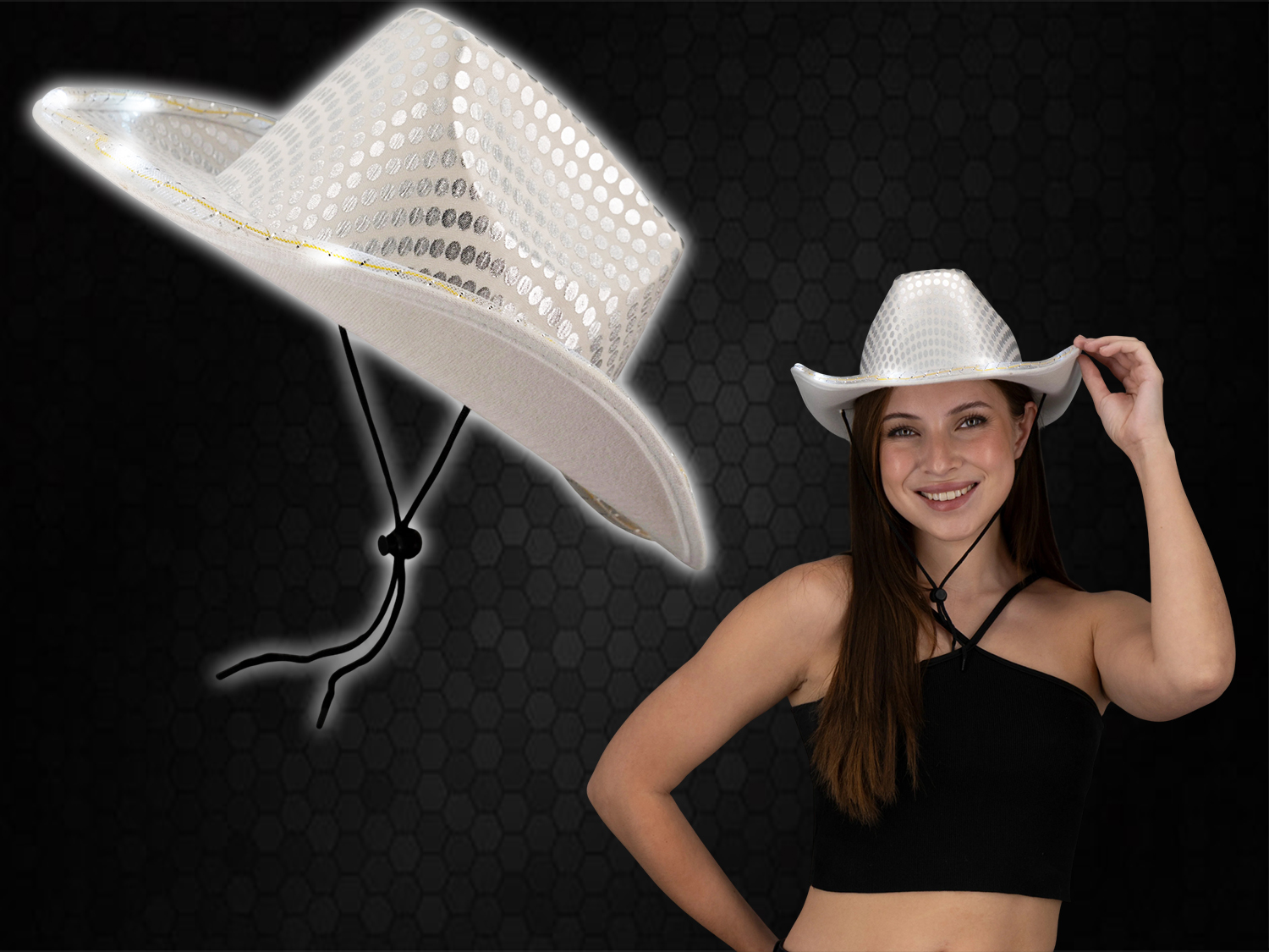 thumbnail video image 2 of Light up LED Flashing Sequin Cowboy Hat (White) – Sparkly Glitter Cowgirl Hat for Disco, Party, Birthday by PartyGlowz, 2 of 7