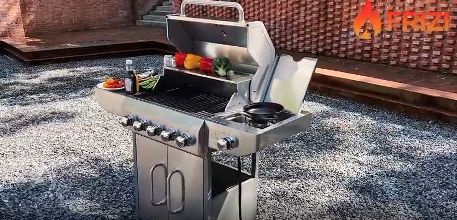 thumbnail video image 2 of Frizi 68,000 BTU 5-Burner Propane Gas Grill with Side Burner, Stainless Steel Outdoor BBQ Grill with 647 sq.in Cooking Area, Warming Rack, and Food Clip, 2 of 8