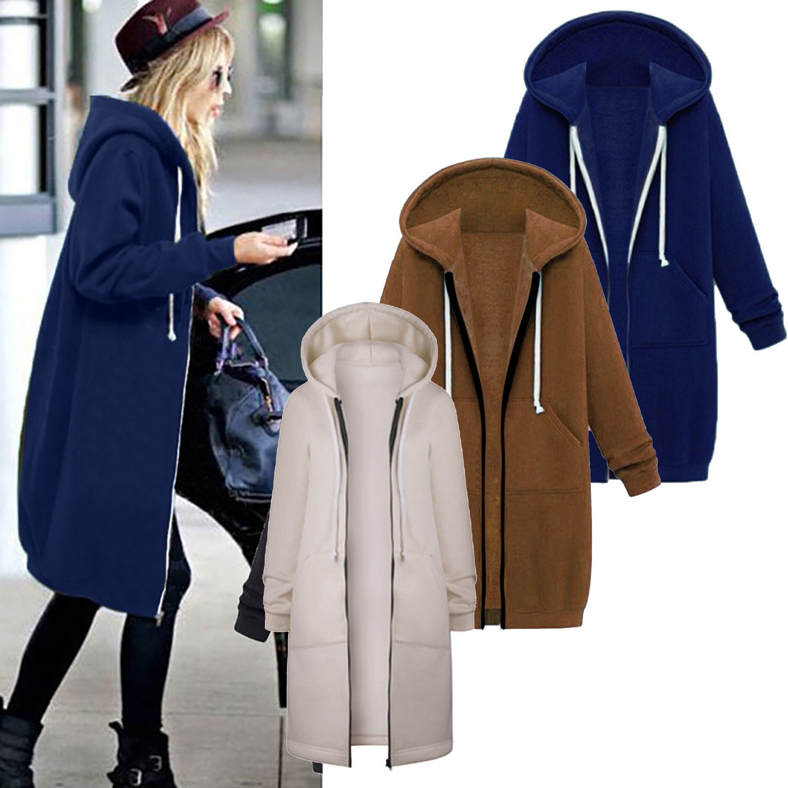 thumbnail video image 2 of (clearance)IDALL Winter Jackets for Women Trench Coat Women Casual Long Hooded Drawstring Solid Zip Jacket Pockets Jacket Zipper Coat Parkas Peacoat Navy 5xl, 2 of 6