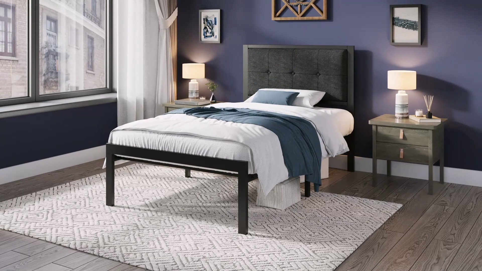 thumbnail video image 2 of Allewie Full Size Metal Platform Bed Frame with Faux Leather Button Tufted Headboard, Under-Bed Storage, Black, 2 of 9