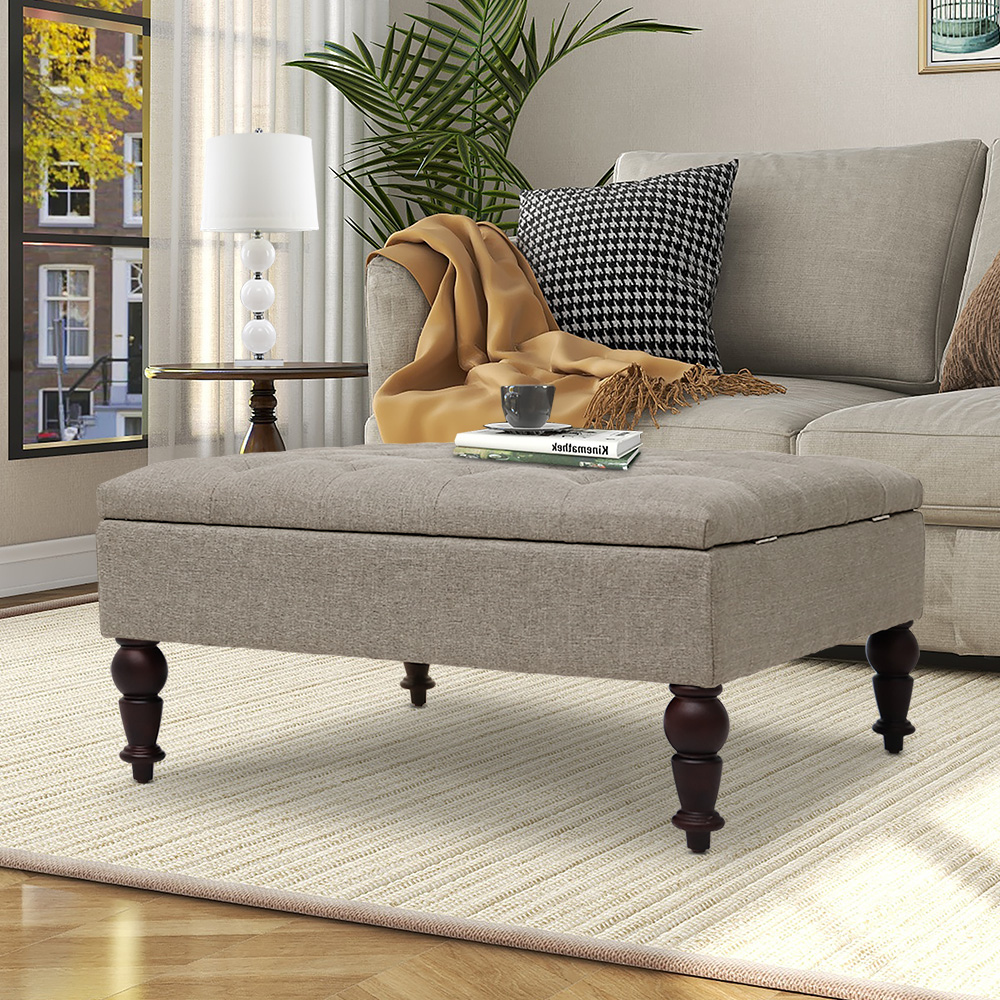 thumbnail video image 2 of ABBLE 33.8 in. Denim Blue Fabric Upholstered  Button - Tufted Square Storage Ottoman in Traditional Style, 2 of 7