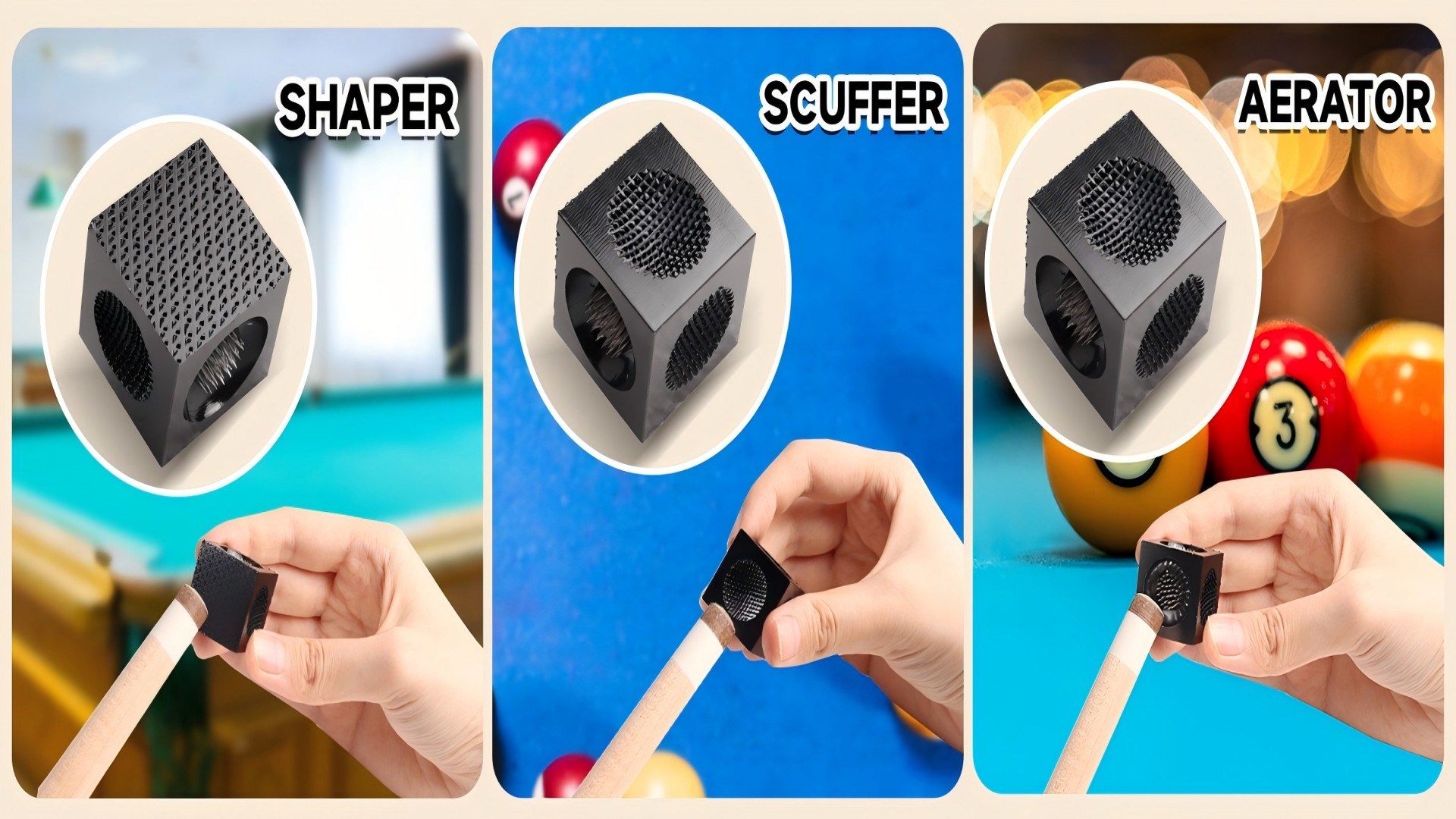 thumbnail video image 2 of GSE Games & Sports Expert 5-in-1 Pool Cue Tip Tool Cube. Billiard Cue Stick Tip Repair Tool Accessories Includes Shaper, Scuffer, Aerator - Black, 2 of 8