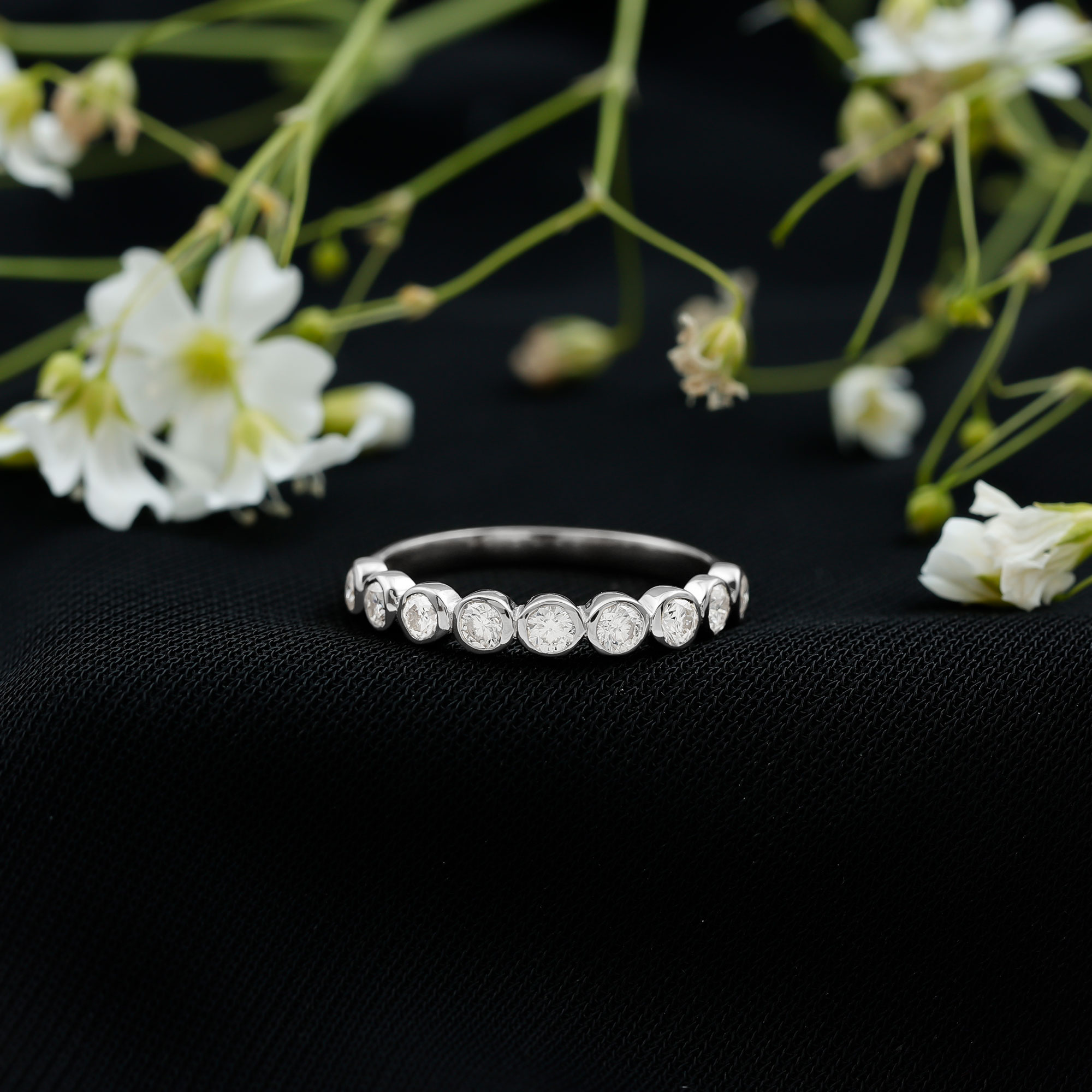 thumbnail video image 2 of Rosec Jewels 0.75 CT Womens Round Cut Moissanite Half Eternity in Bezel Setting, 10K Yellow Gold, US 10.50, 2 of 8