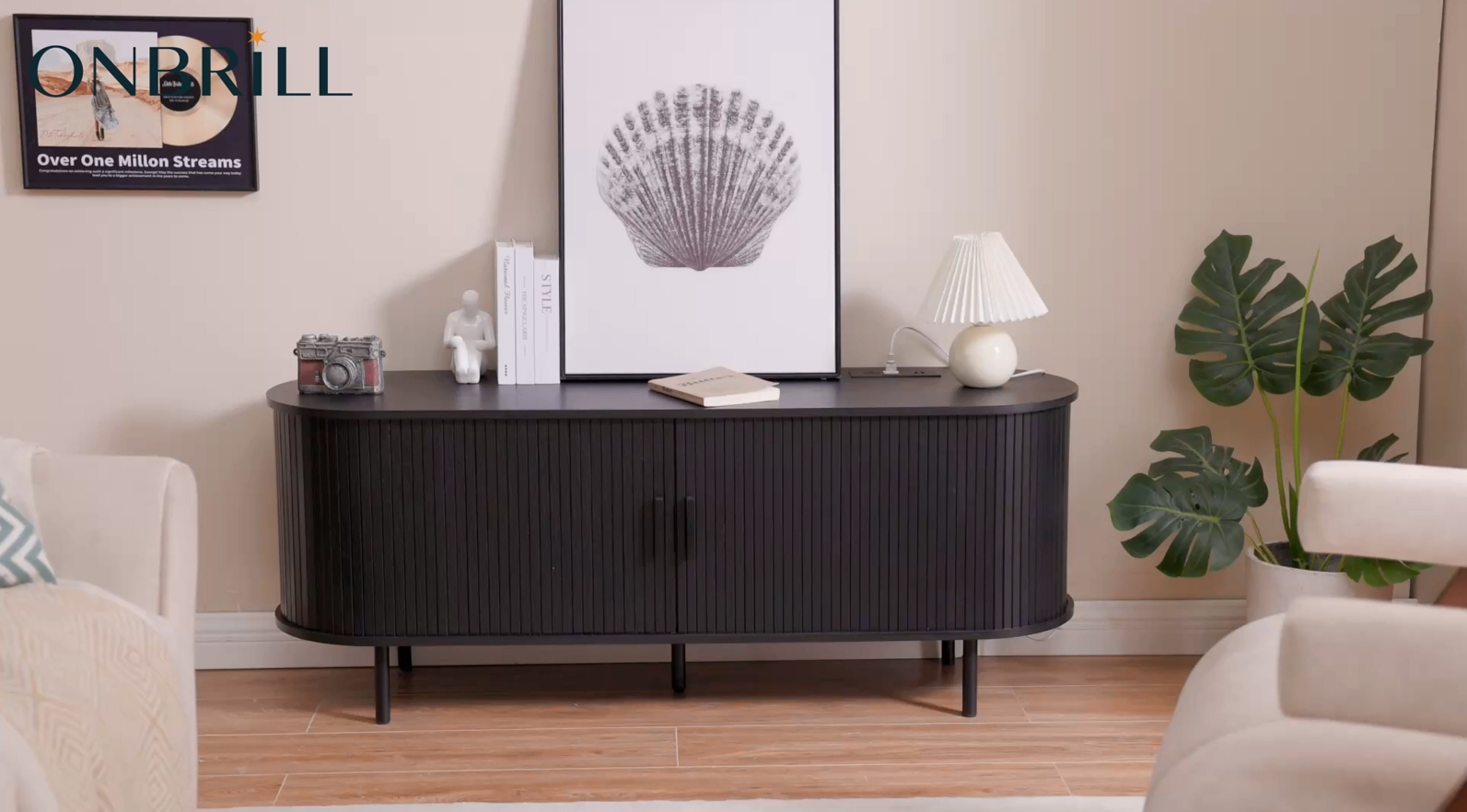 thumbnail video image 2 of 55 Inch TV Stand with Built-in Power Outlet, Compatible with TVs Up to 60 Inches, Modern Entertainment Center with Adjustable Shelves, Storage Space, and Sliding Doors, Black, 2 of 8