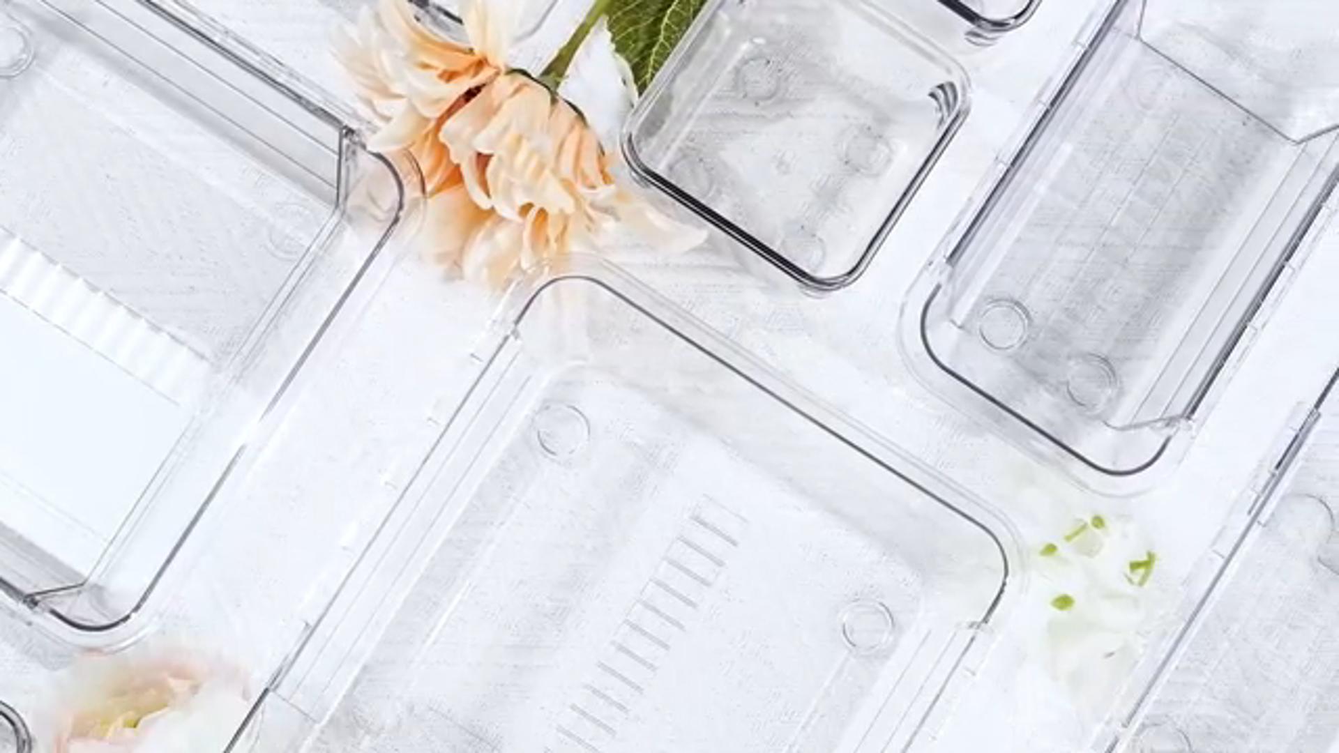 thumbnail video image 2 of Kisportee 14 Pack Adjustable Makeup Drawer Organizer Set, Clear Plastic Stackable Desk Drawer Organizer Bins, Makeup Organizer for Vanity, Kitchen Utensils Storage, 2 of 10