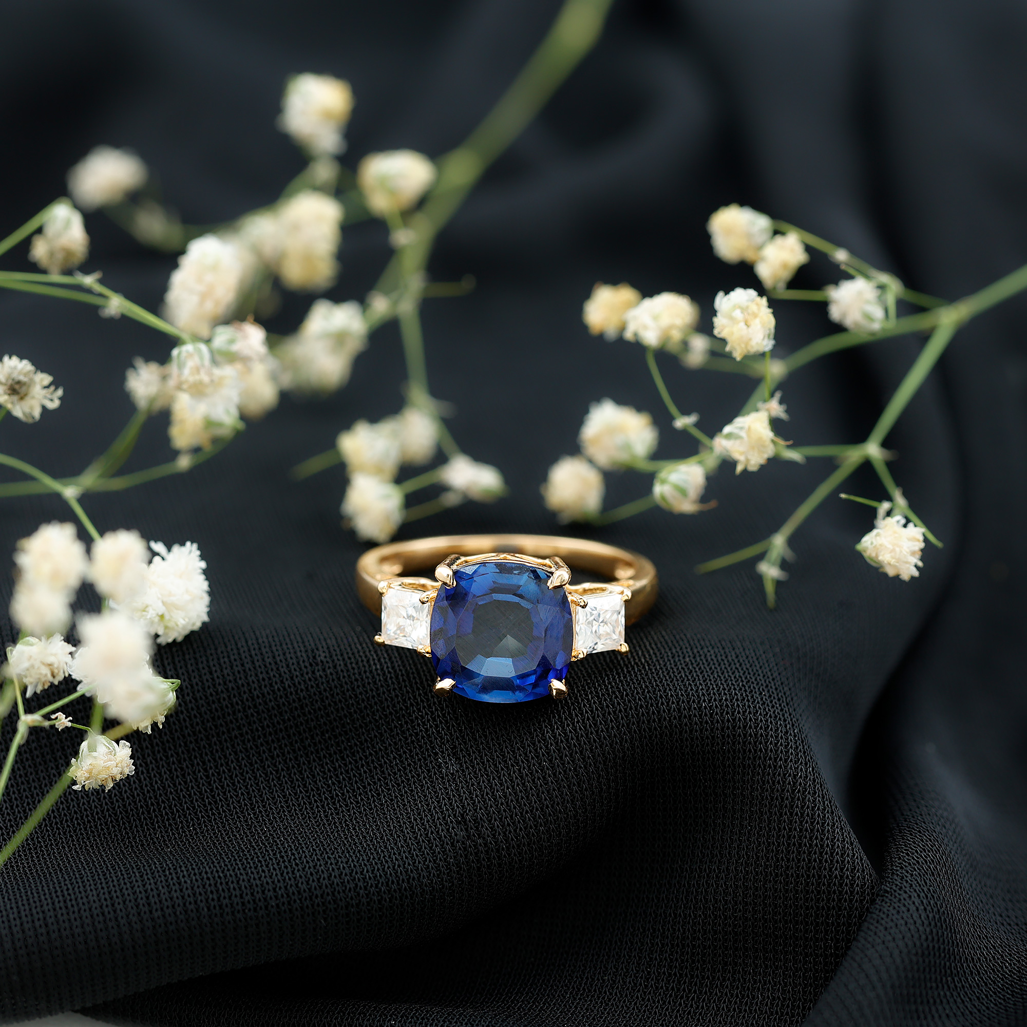 thumbnail video image 2 of Rosec Jewels Lab Grown Blue Sapphire Cushion Cut Engagement Ring for Women - 10mm - AAAA Grade - Certified Sapphire Moissanite Ring, 925 Sterling Silver, US 4.00, 2 of 8